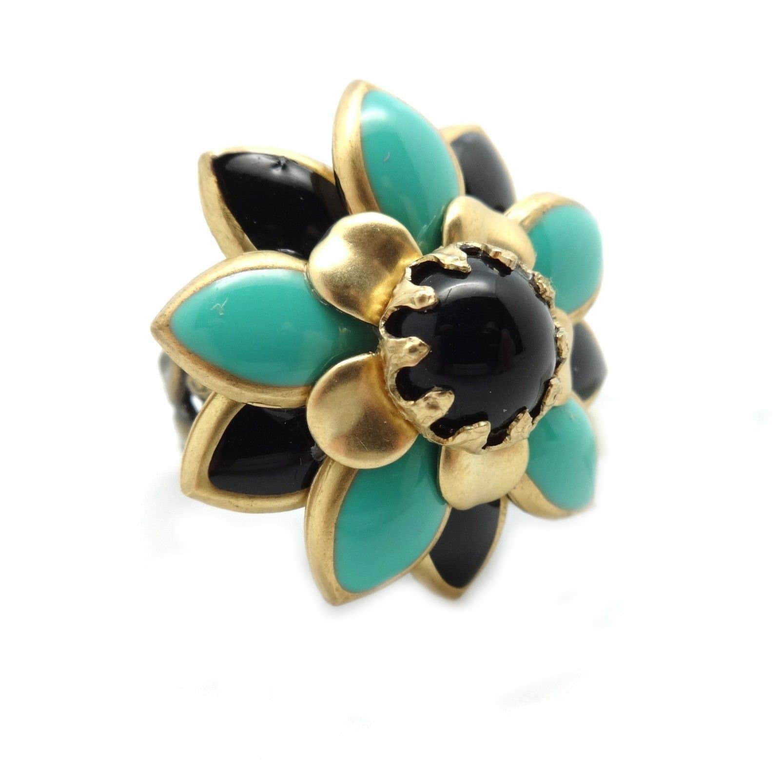 By Sweet Romance Aqua and Black Enamel Starflower Bronze Ring Adjustable