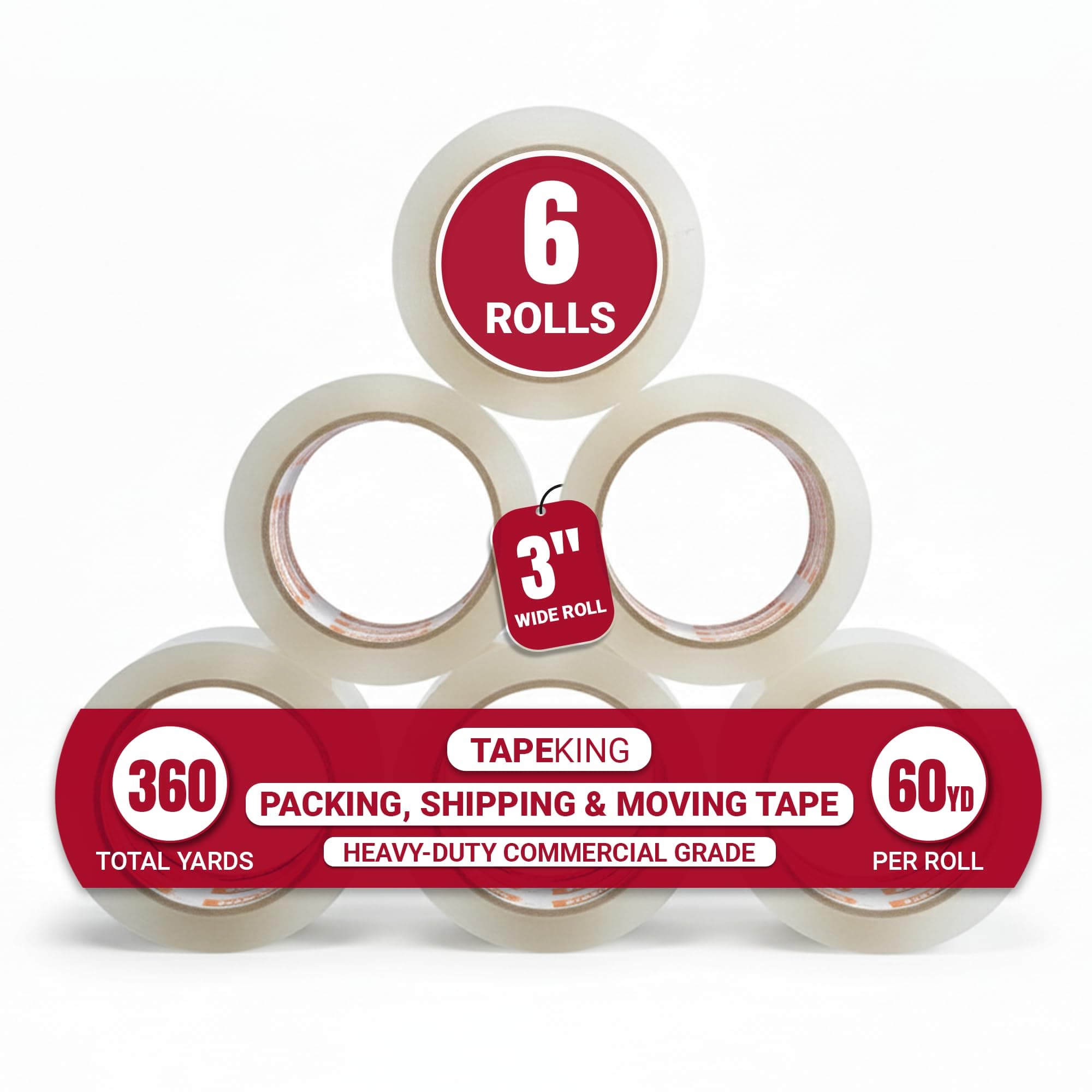 Tape King Clear Packing Tape | 60 Yards Per Roll (6 Rolls) | 3 Inch Wide Heavy Duty Packing Tape 2.7mil Strong Adhesive for Moving Boxes, Shipping Cartons, Office Use, Storage (360 Yards)