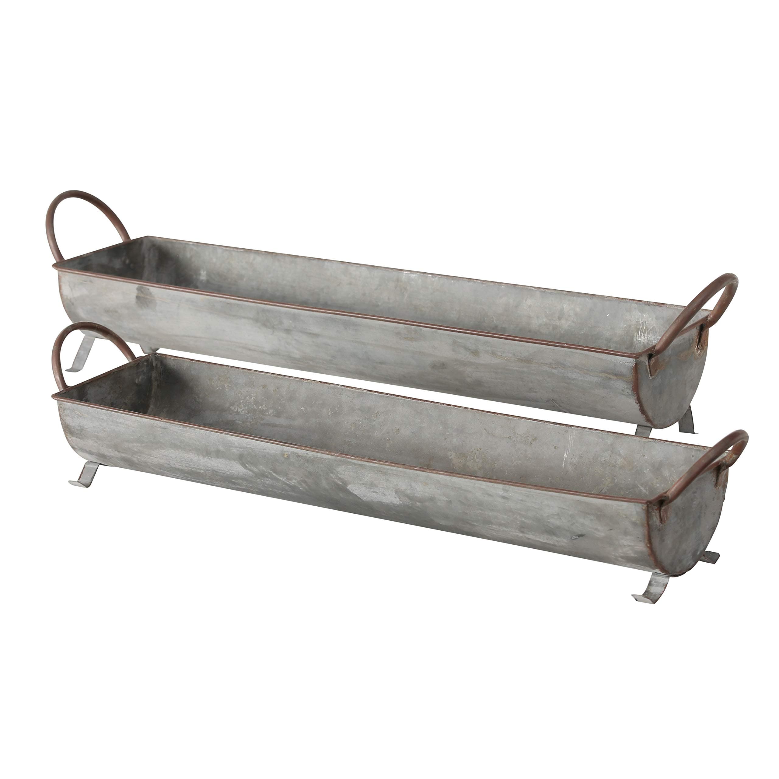 Whole House Worlds Galvanized Metal Basket Tray Planters, Set of 2, Long Trough Shaped, Zinc, 73 and 65 cm, for Container Gardens
