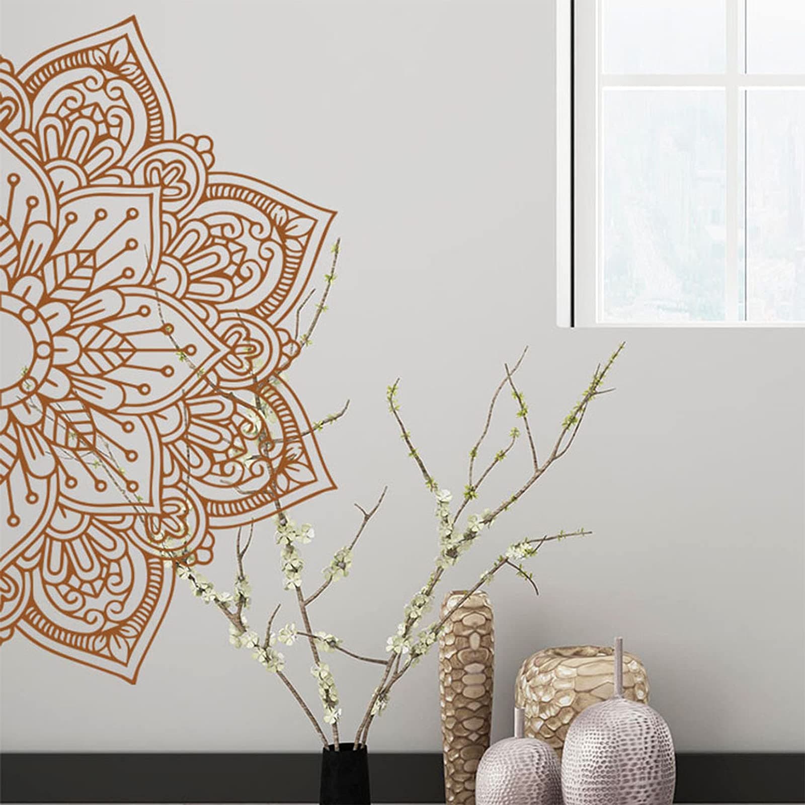 Half Mandala Wall Decal, Boho Indian Mandala Namaste Flower Wall Sticker, Headboard Master Bedroom Bohemian Décor, Removable Lotus Yoga Meditation Art Murals Décor for Living Room, Bedroom, TV Wall