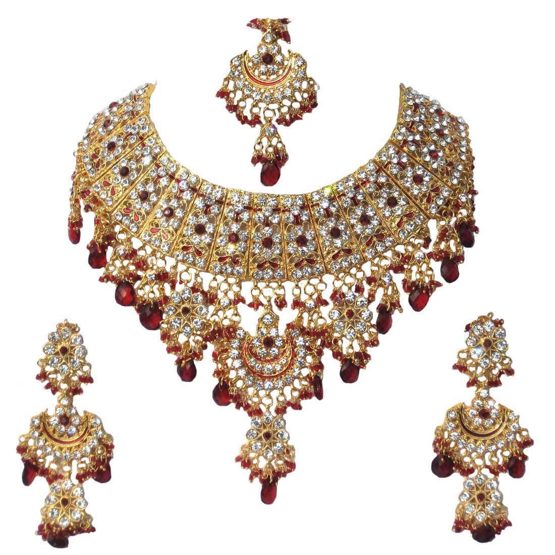 Retailbees Zircon Indian Wedding Designer Necklace Jewelry with Earrings Maang Tikka Set