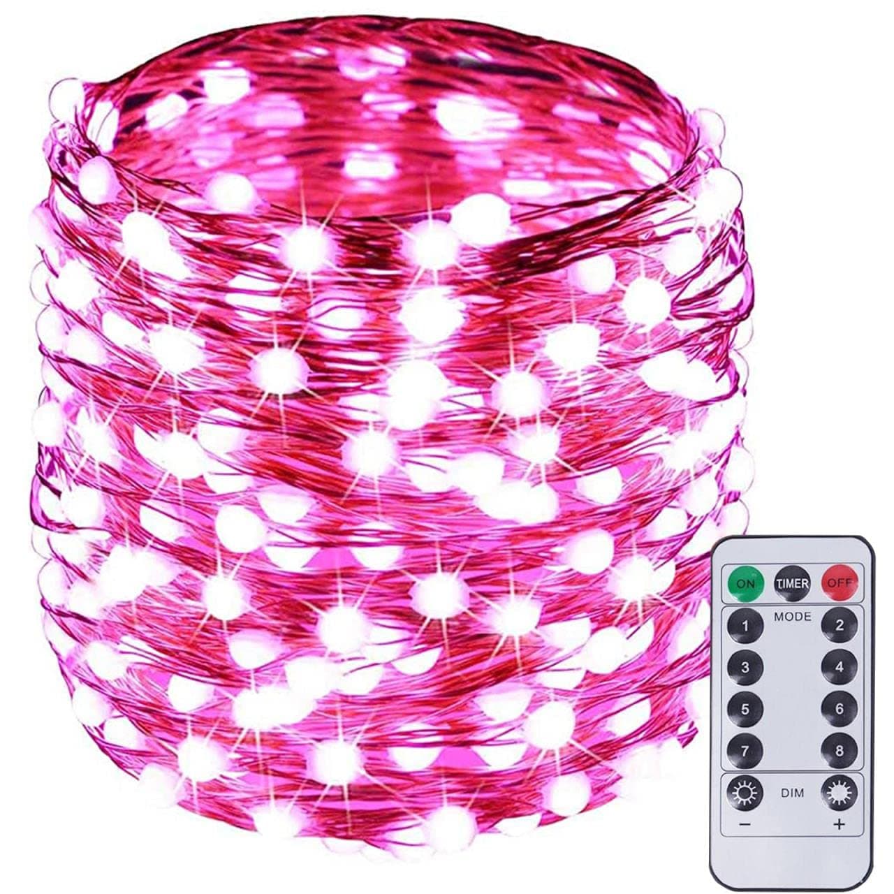 Fairy String Lights Outdoor/Indoor Valentines Decorations, Super Bright Fairy Lights with Remote, Waterproof Copper Wire 8 Modes Valentines Lights for Bedroom Party Wedding Garden Valentines(Pink)