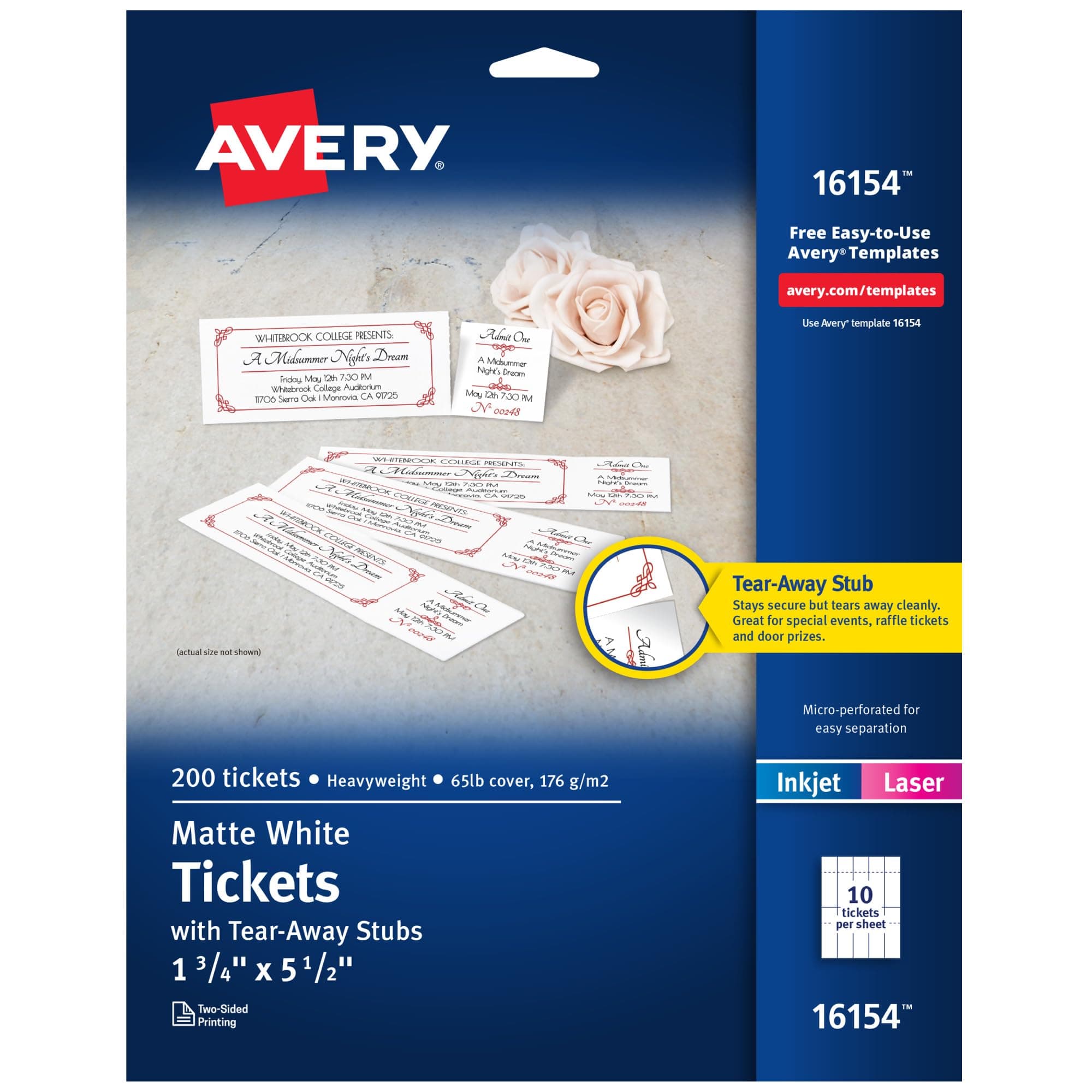 Printable Tickets with Tear-Away Stubs, 1.75" x 5.5", Matte White, 200 Blank Tickets for Laser and Inkjet Printers (16154)
