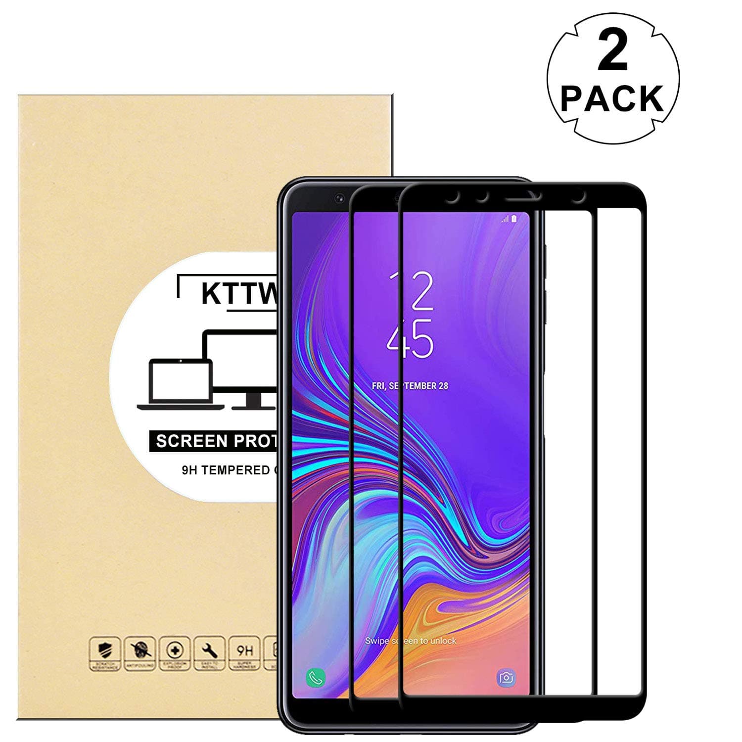KTTWO Samsung Galaxy A7 2018 Screen Protector Glass, (2PACK) Full Screen Coverage Anti-Scratch Bubble-Free Tempered Glass Screen Protector with Full Glue for Samsung Galaxy A7 2018/A750FZ, Black