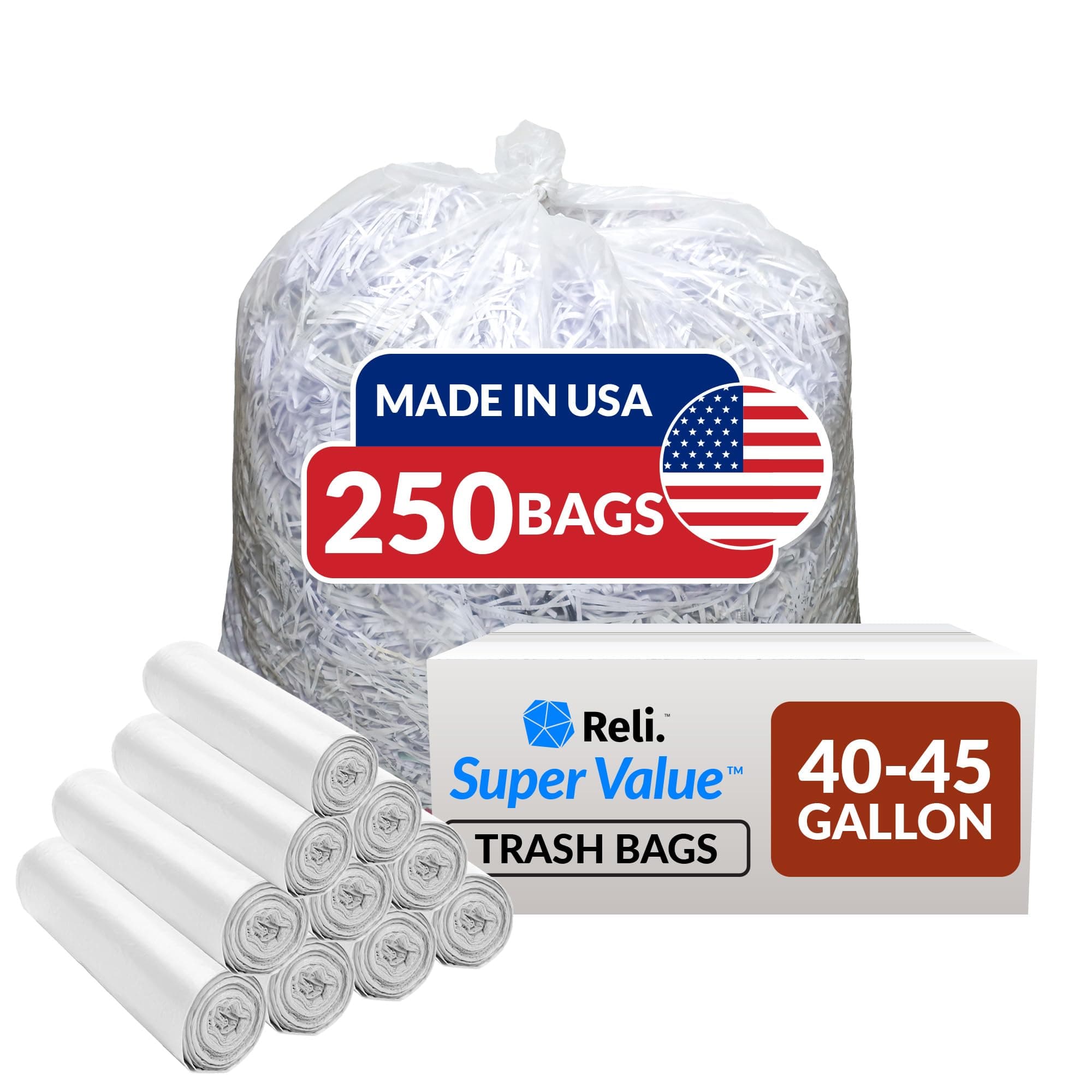 Reli. 40 to 45 Gallon Trash Bags Heavy Duty | 250 Trash Bags | Super Sizeable, Clear, Garbage for Serious Cleanup