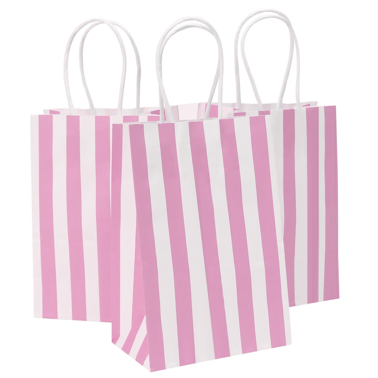50Pcs Small Paper Gift Bags Bulk, 5.25" x 3.75" x 8" Kraft Paper Bag for Party Favors,Valentine's Day, Birthday, Wedding, Goodie, Retail, Jewelry - Pink Stripe