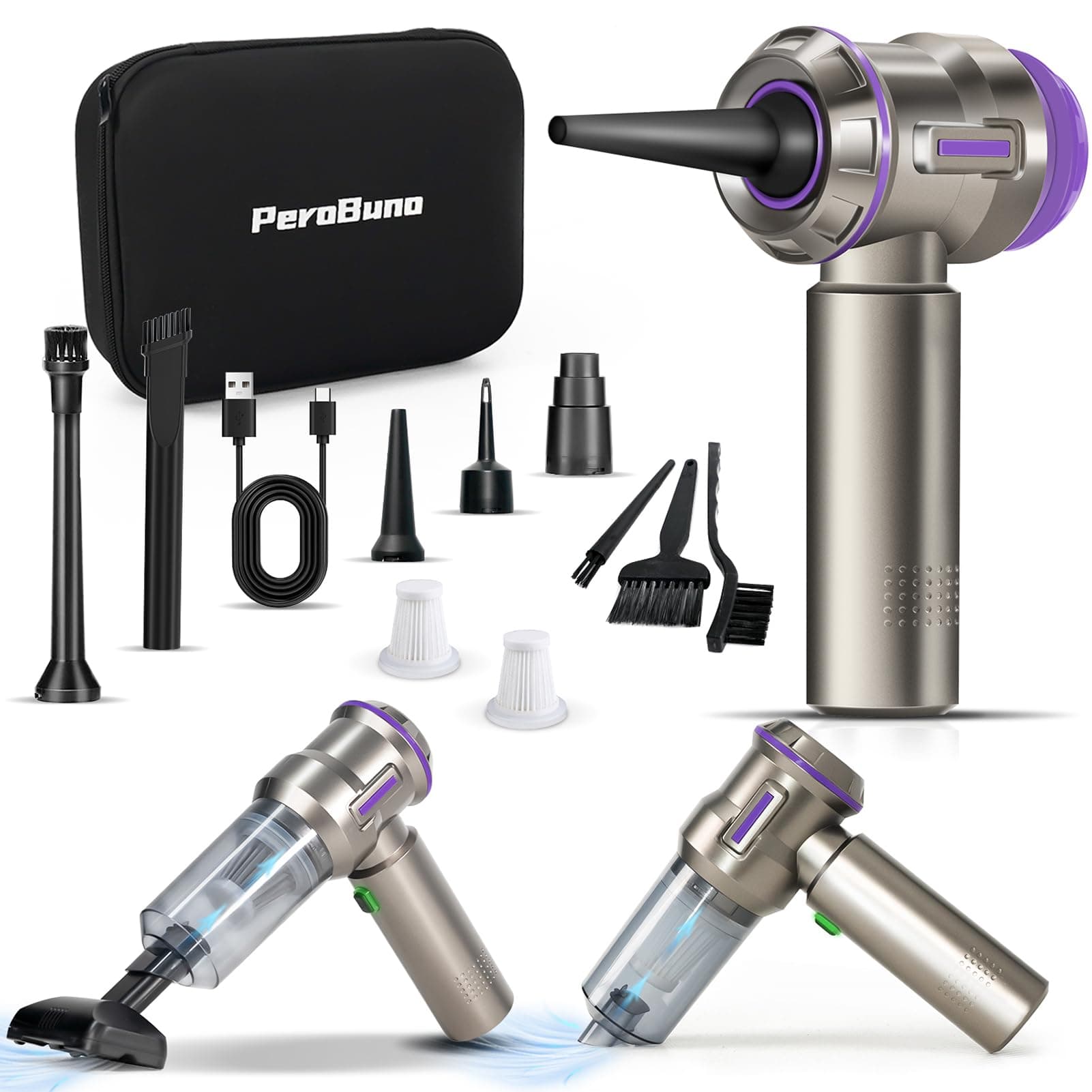 PeroBuno Air Duster for PC, 200000RPM Compressed Air, Mini Vacuum 2-in-1, 35 mins Runtime, Brushless Motor Electric Air Blower with 3 Gear and Rechargeable Battery - Canned Air - Keyboard Cleaner