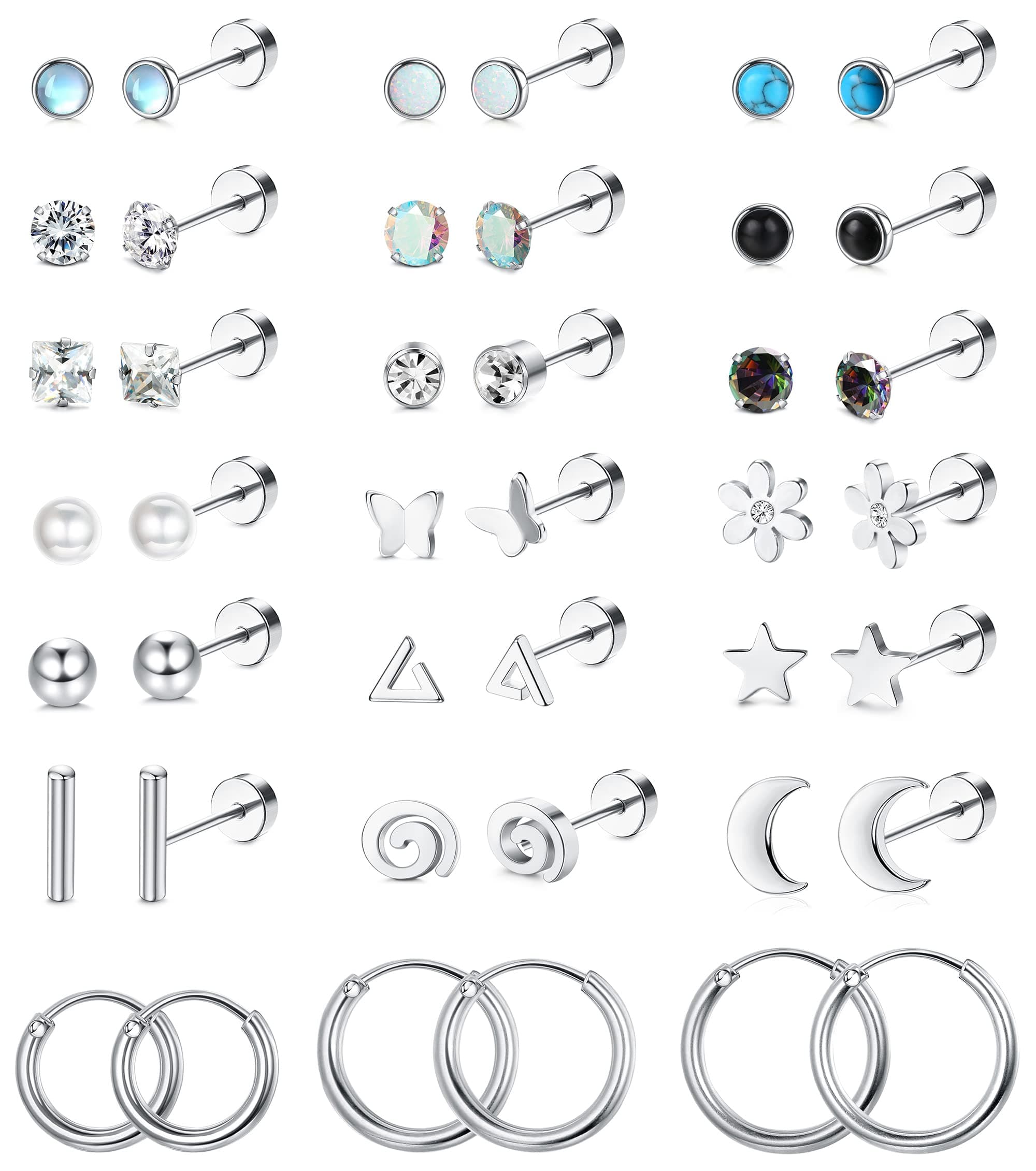 21Pairs Surgical Steel Flat Back Earrings Hypoallergenic 20G Screw Back Nap Stack Cartilage Earring Stacks