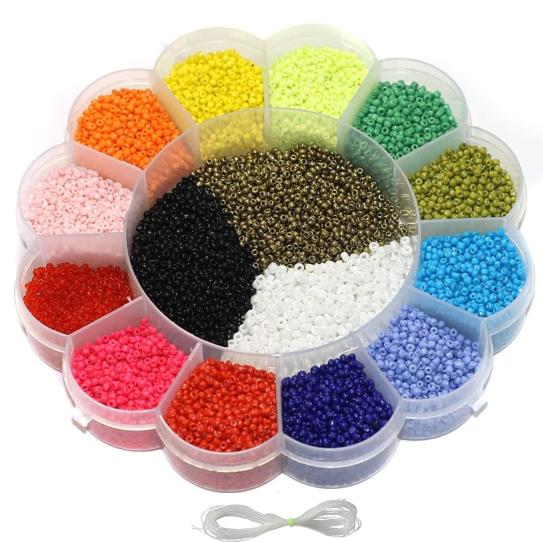 Beadsnfashion Glass Sugar Seed Beads Neon & Opaque DIY Kit with Beads Storage Box with 12 Mtrs Nylon Thread for Jewellery Making, Beading, Arts & Embroidery 15 Colors Size: 2mm