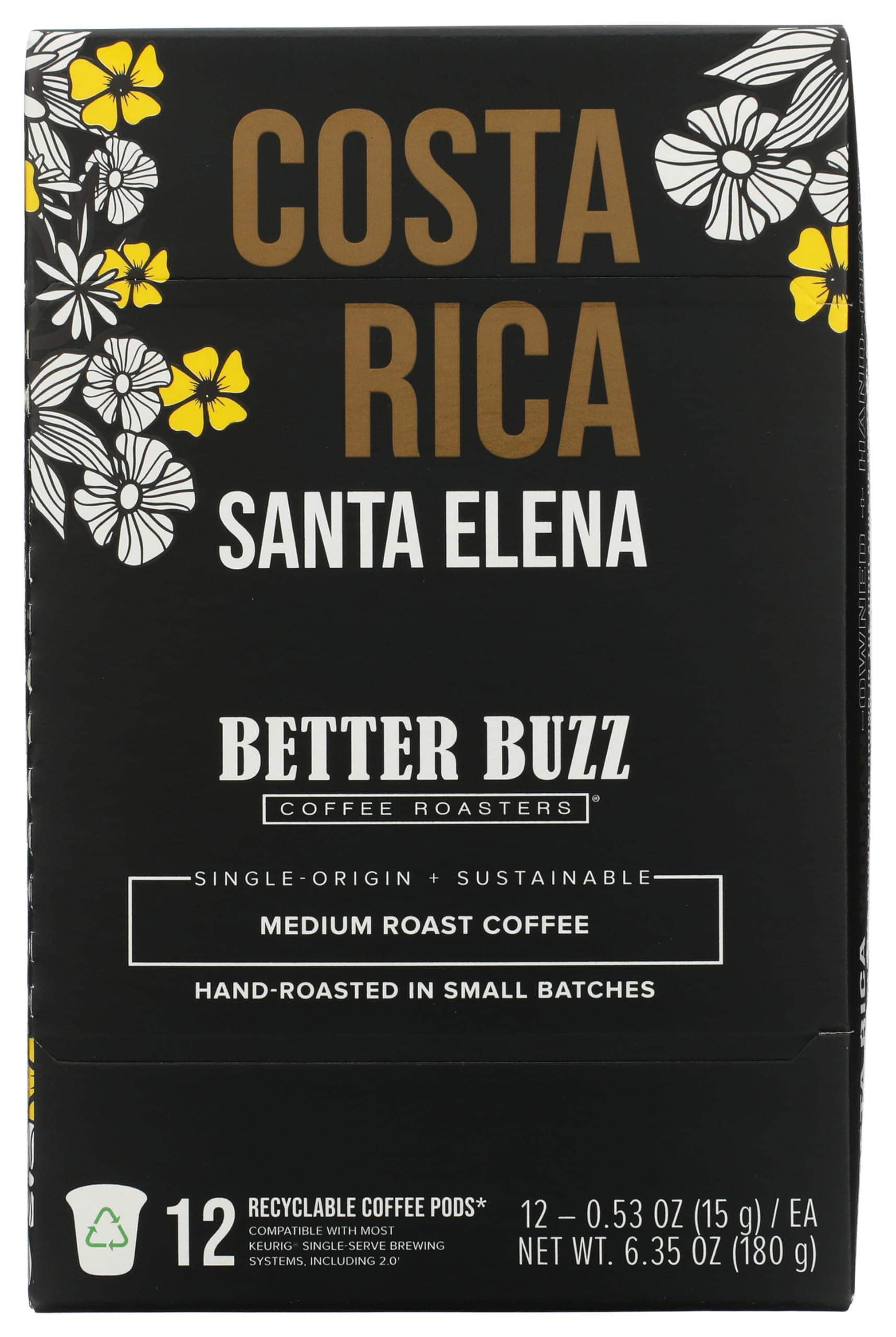Costa Rica Medium Roast Coffee Pods 12ct., California Solar Energy Produced Recyclable Coffee Pods, Small Batch Roasted Single Origin Coffee, K-Cup Compatible, Life's Better Buzzed