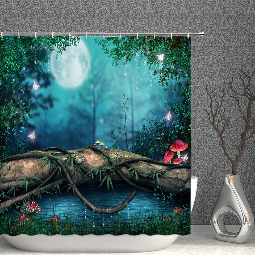 AMNYSF Enchanted Pond Decor Shower Curtain Fantasy Fairy Tale Forest Red Mushroom Green Plants Leaves Meadow Tree Log Moon Blue Fabric Bathroom Curtains,70x70 Inch Polyester with Hooks