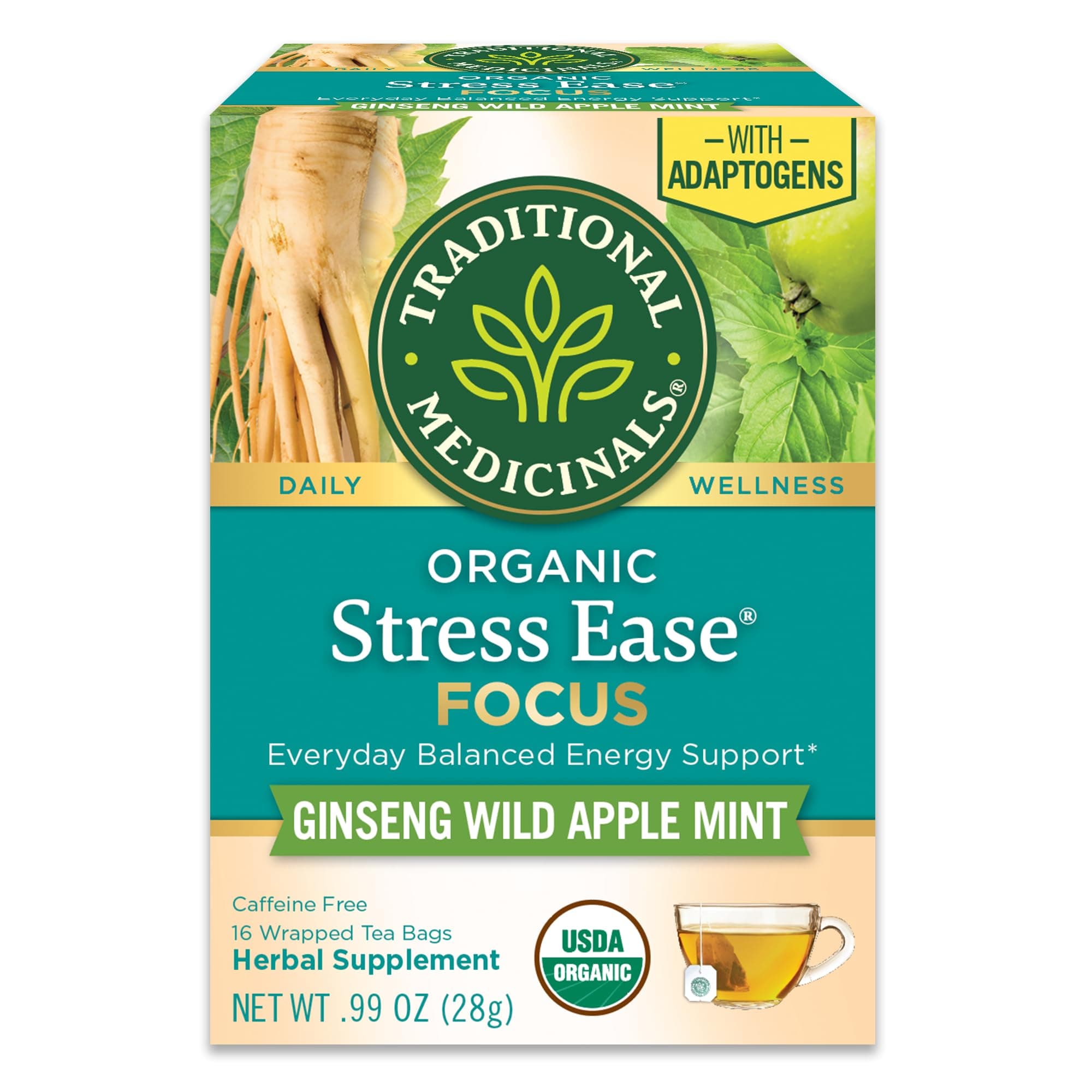 Organic, Stress Ease Focus, Ginseng Wild Apple Mint Tea - Balanced Energy Support & Adaptogens - Kosher, Non-GMO, Caffeine-Free, Compostable - 16 Tea Bags