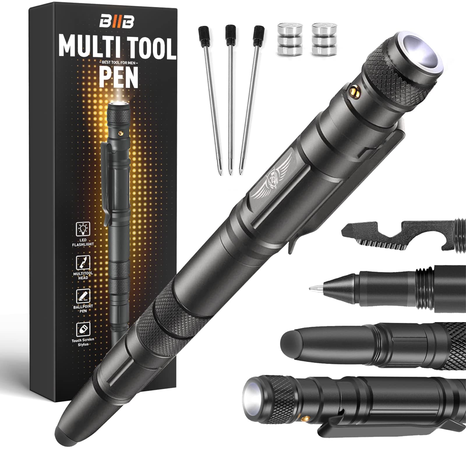 BIIB Gifts for Men, 7 in 1 Fidget Pen Multi Tool Pen with LED, Multi Tool Gadgets for Men, Mens Gifts for Dad Birthday Presents for Dad, Easter Gifts for Adult Father's Day Gift