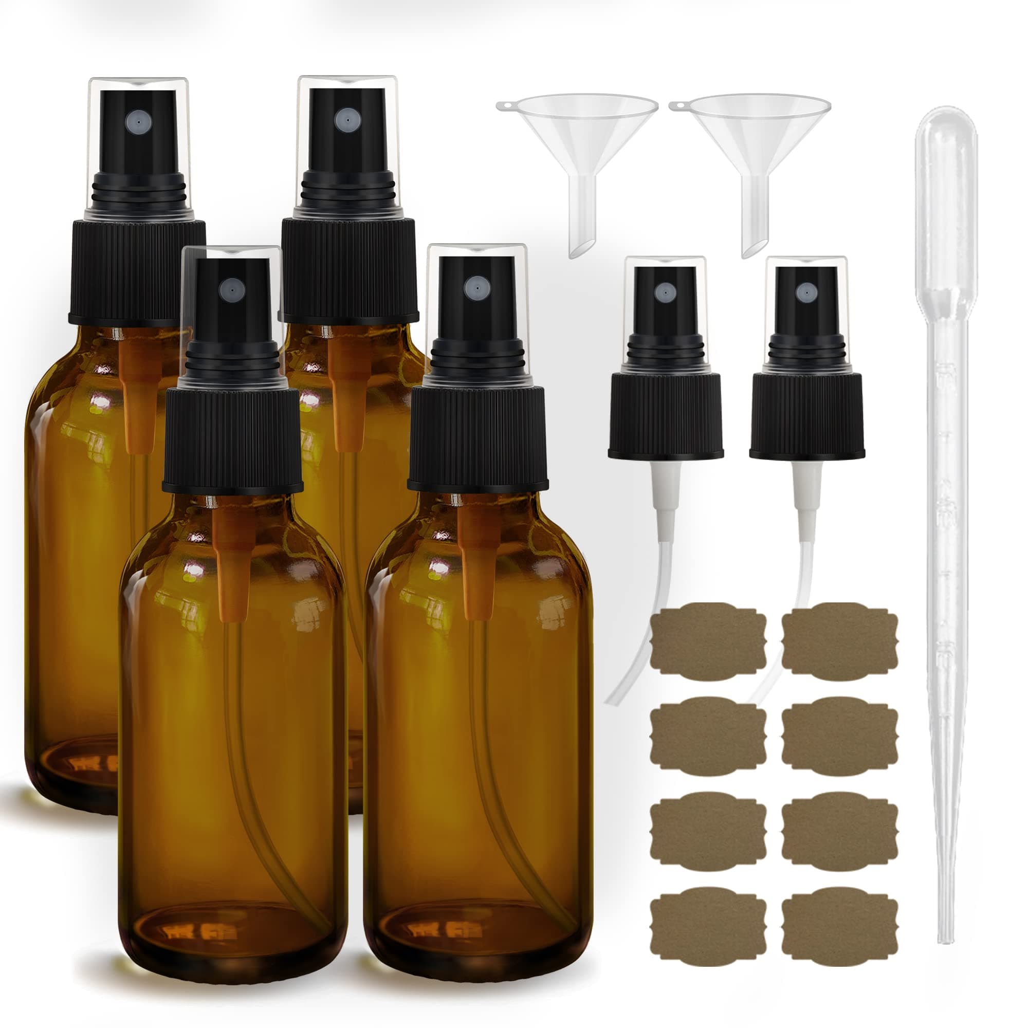 Amber Glass Spray Bottles 4oz,Small Empty Glass Spray Bottle Fine Mist Spray Refillable Containers,Mini Travel Spray Bottles set of 4,Included 6 Sprinkler,2 Funnels,1 Droppers,8 Labels