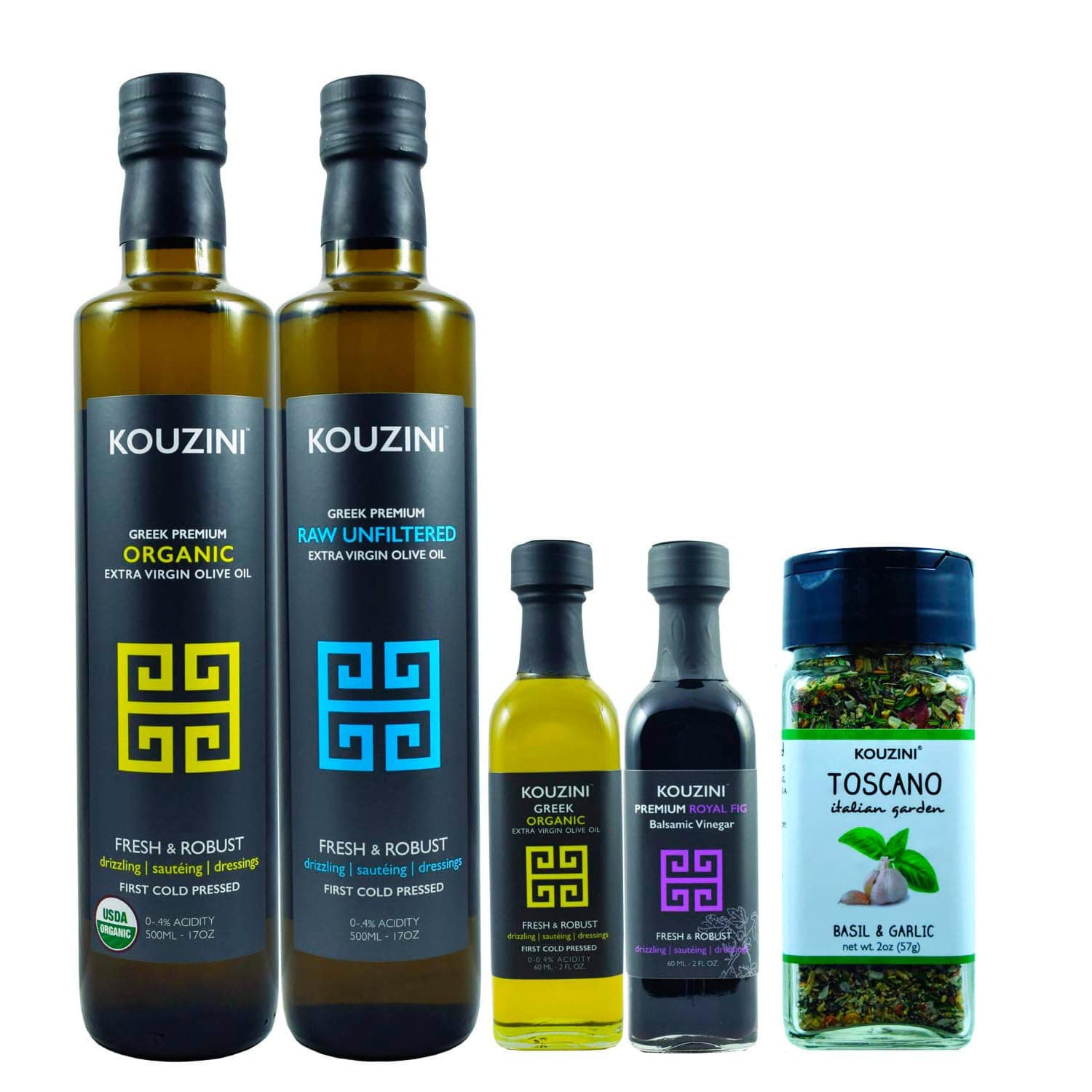 Kouzini Medusa Bundle, Premium Greek Organic Extra Virgin Olive Oil, Raw Unfiltered Extra Virgin Olive Oil, Royal Fig Balsamic Vinegar, and Basil Garlic Seasoning, For Kitchen, Grill, Salad Dressings