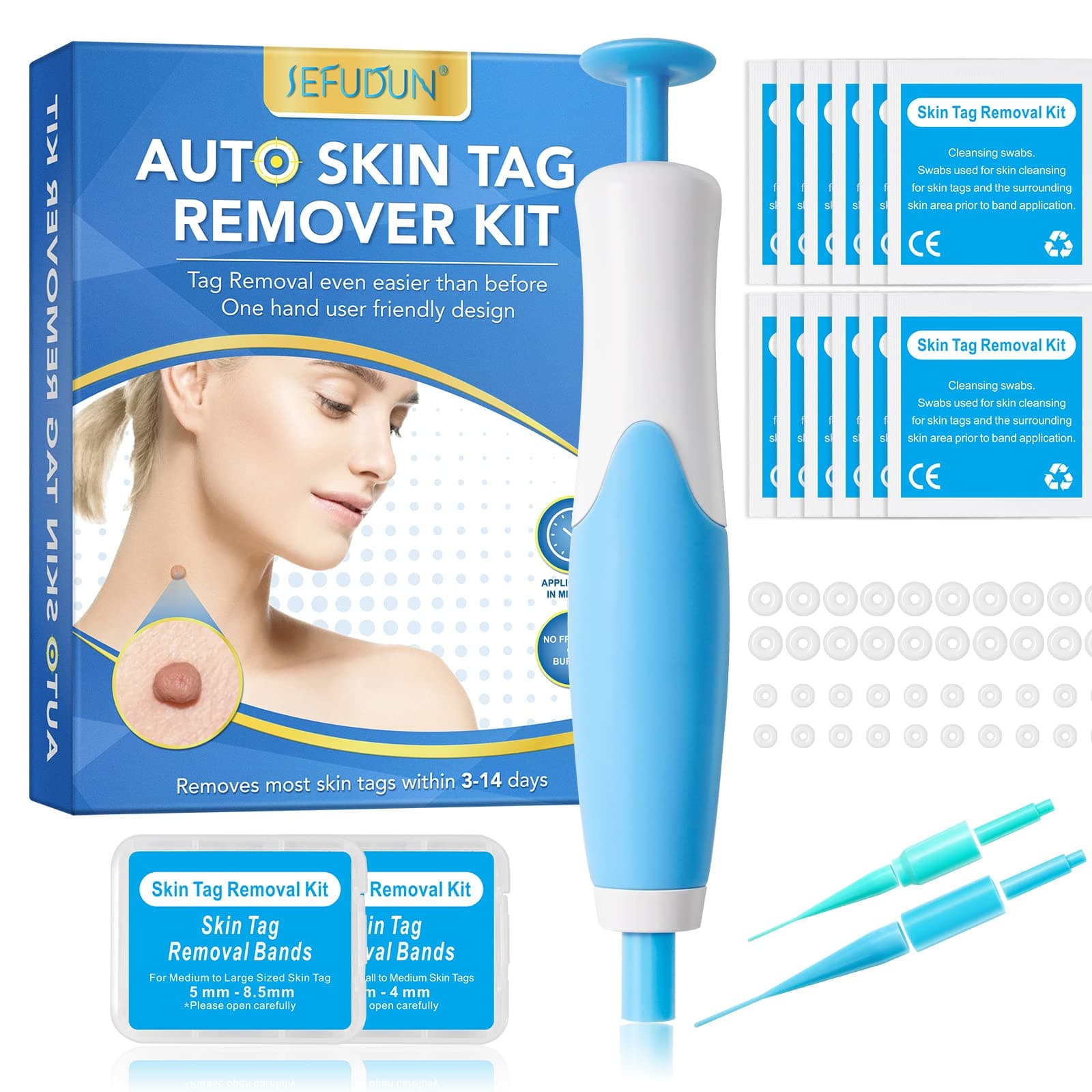 Auto Skin Tag Remover Kit for Face & Body, Upgraded Fast and Easy Removal Pen for Small to Large Size 2mm-8mm, Safe and Painless Clear Skin Tag & Mole, with 40 Removal Bands & 10 Cleansing Wipes