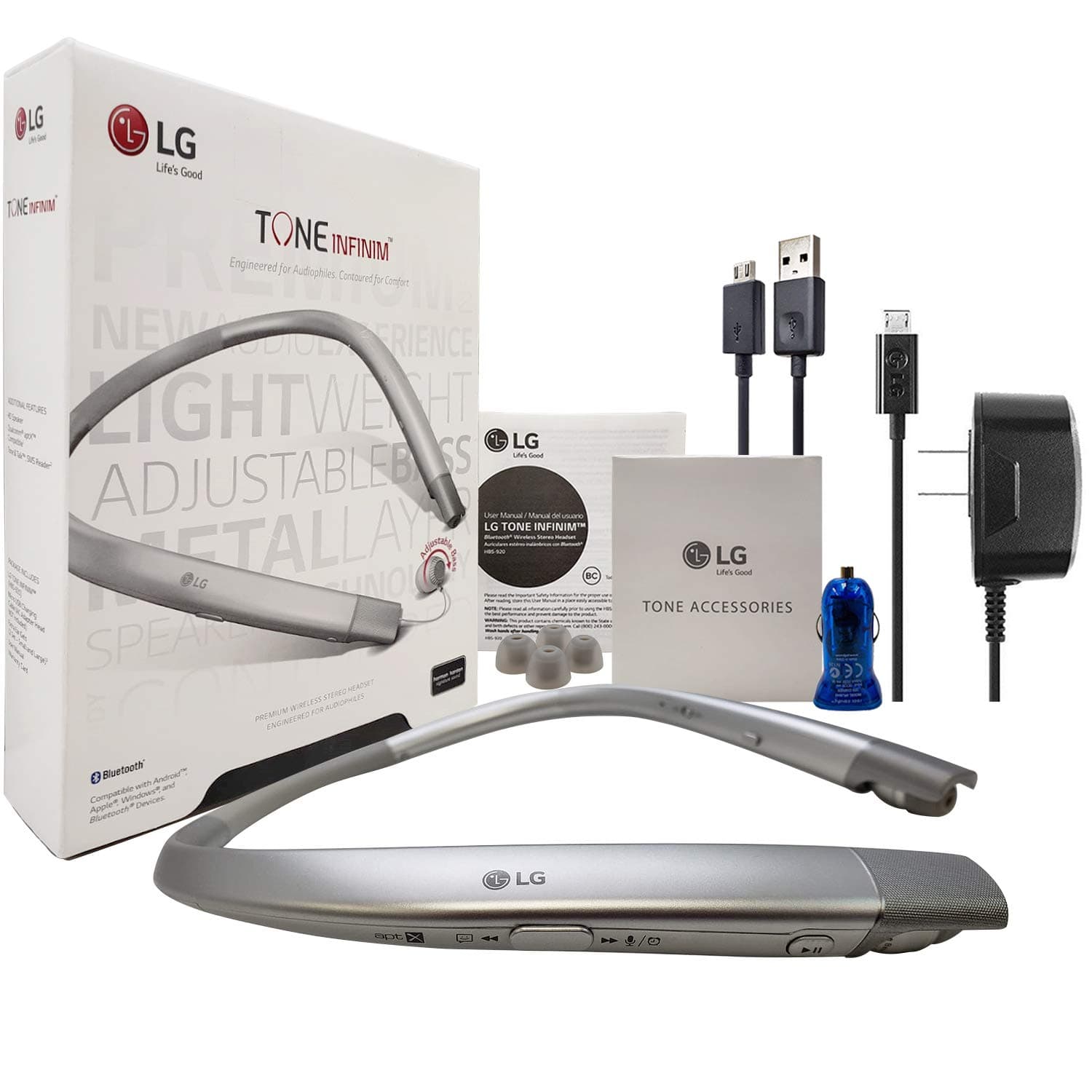 LG Tone HBS-920 INFINIM HD Silver - Bluetooth Headset Sound by - Harman Kardon Wireless Stereo Headset - with Car/Wall Charger USB, Ear Gels (Renewed)