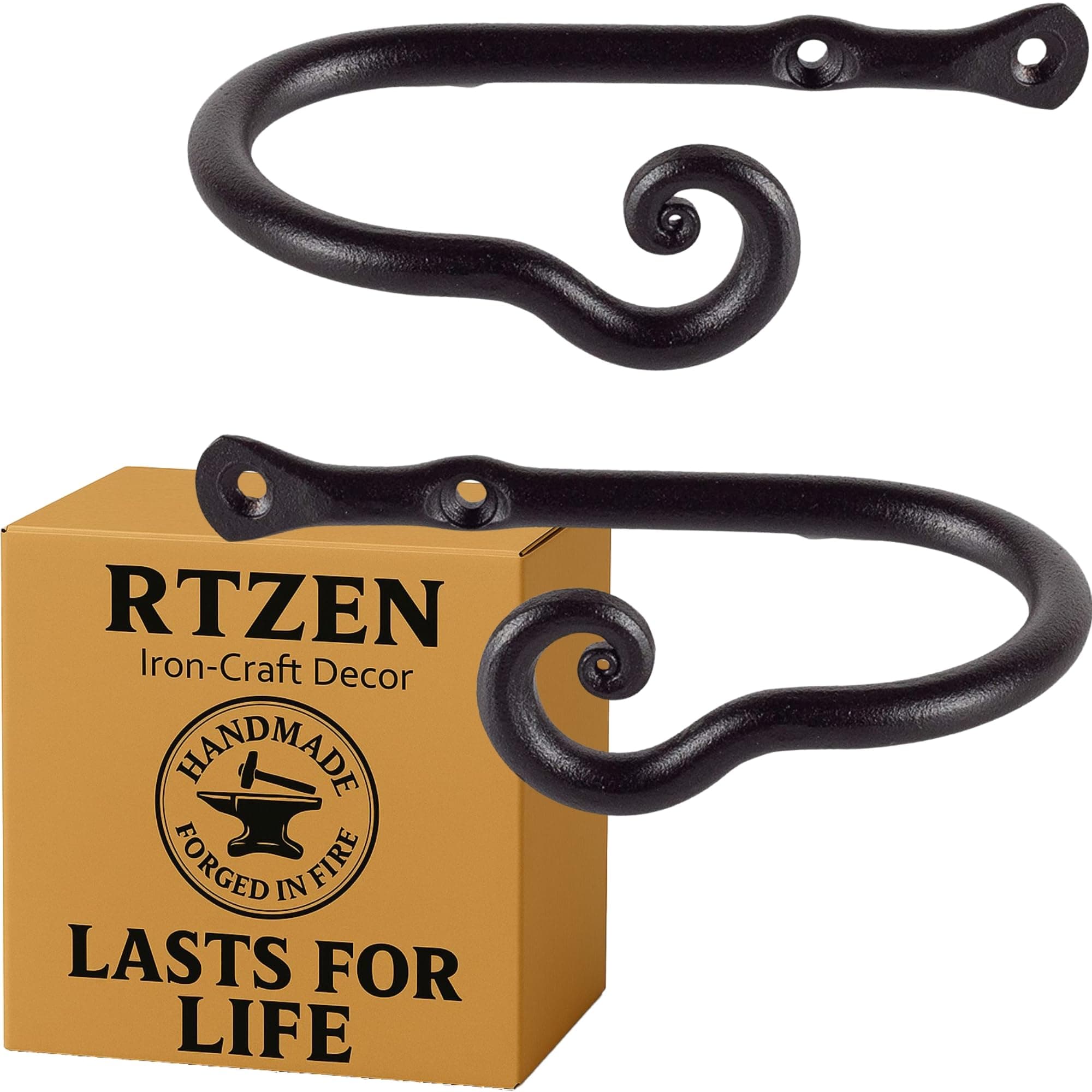 RTZEN Decorative Metal Curtain Tiebacks - Farmhouse Wrought Iron Curtain Holdbacks - Drapery Holders for Wall - Unique Metal Tie Backs for Curtains - 2 Pcs (Black Classic)