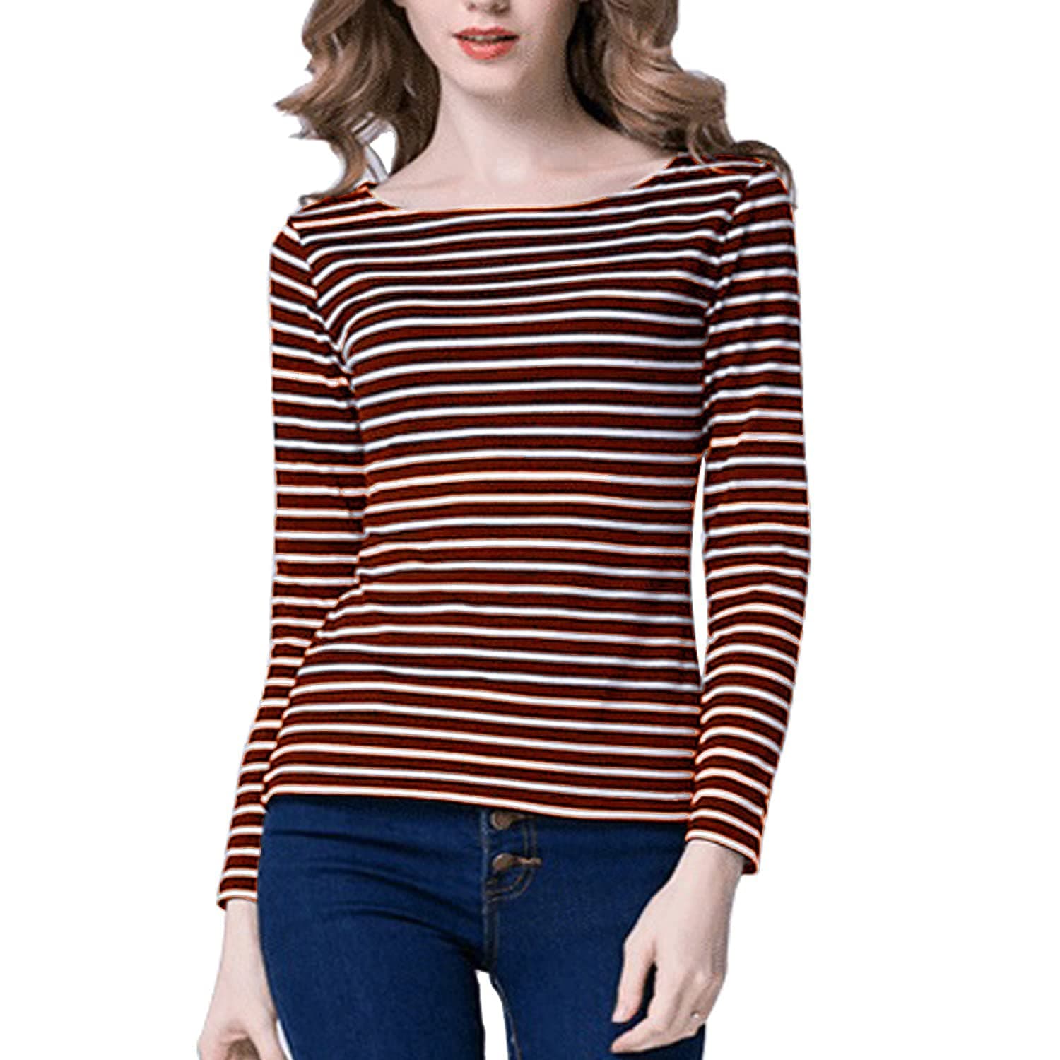 Tulucky Women's Casual Long Sleeve Shirts Stripe Tees Round Neck Tank Tops