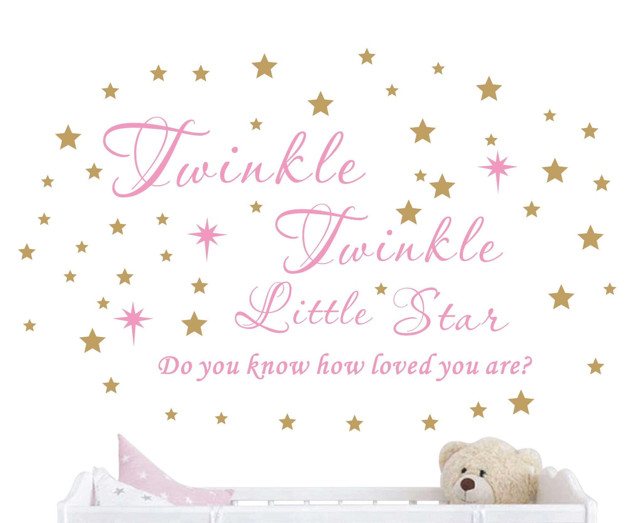 Twinkle Twinkle Little Star Wall Decal Vinyl Quote Sticker Do You Know How Loved You Are Nursery Decor For Kids Girls Bedroom Decoration Home Room Stars Art Design YMX23 (Soft Pink & Gold, 65x42cm)
