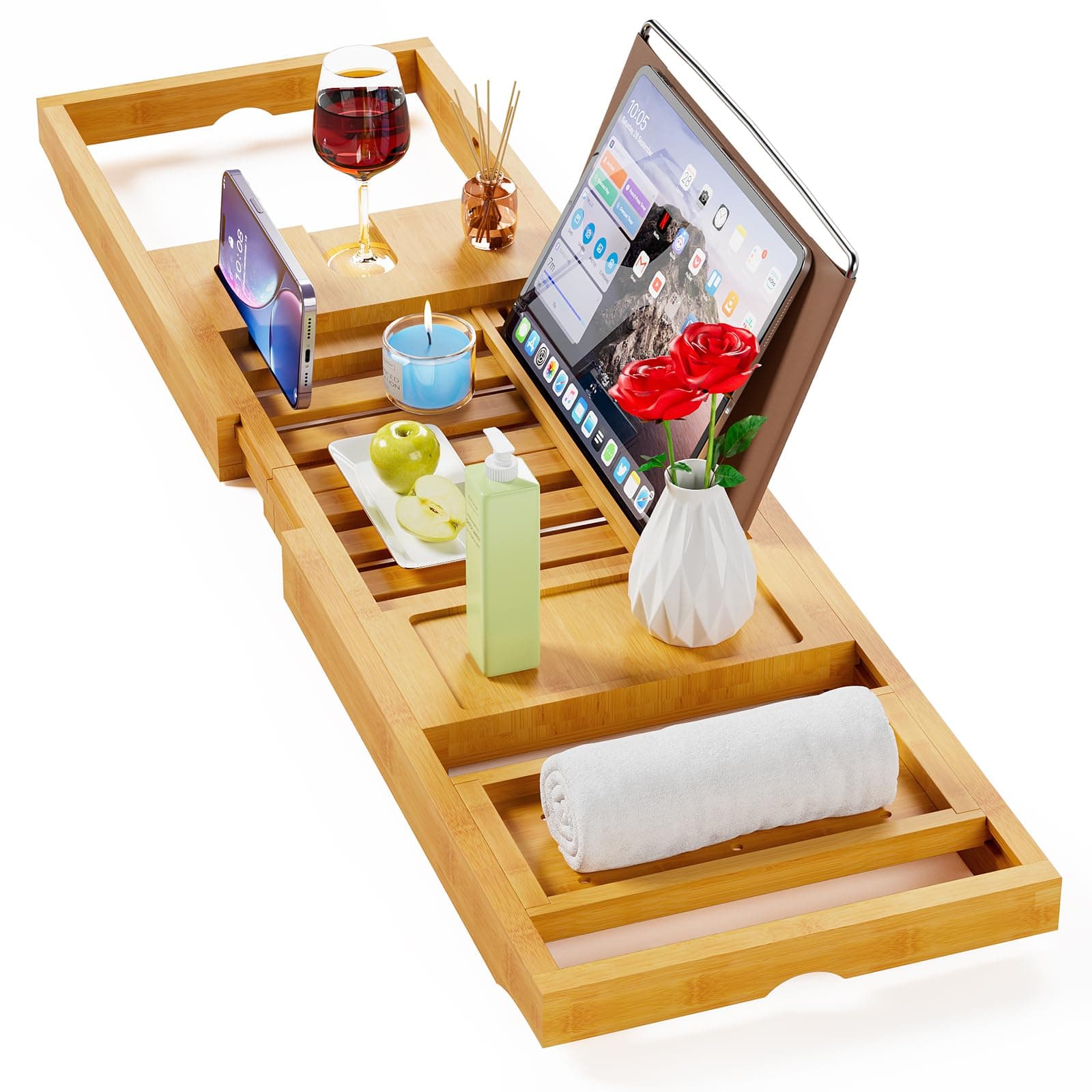 Yirilan Bamboo Bathtub Tray Caddy - Expandable Wooden Bathroom Tray, Luxury Bamboo Bathtub Tray, Bath Tub Table Caddy - Bamboo