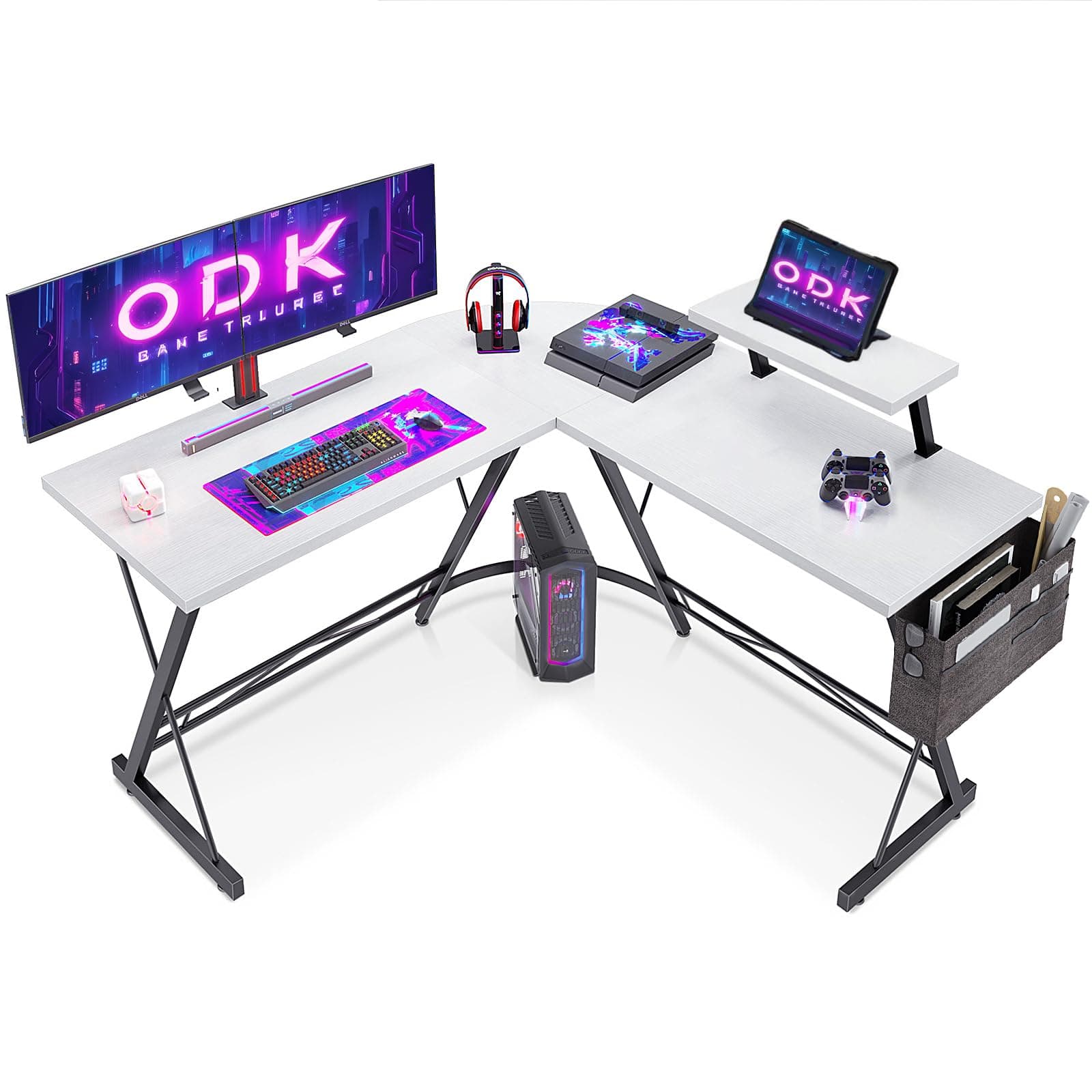 L Shaped Gaming Desk with Monitor Stand, 127x127x75 cm Computer Desk with Storage Bag, Corner Desk for Gaming, Home, Office, White