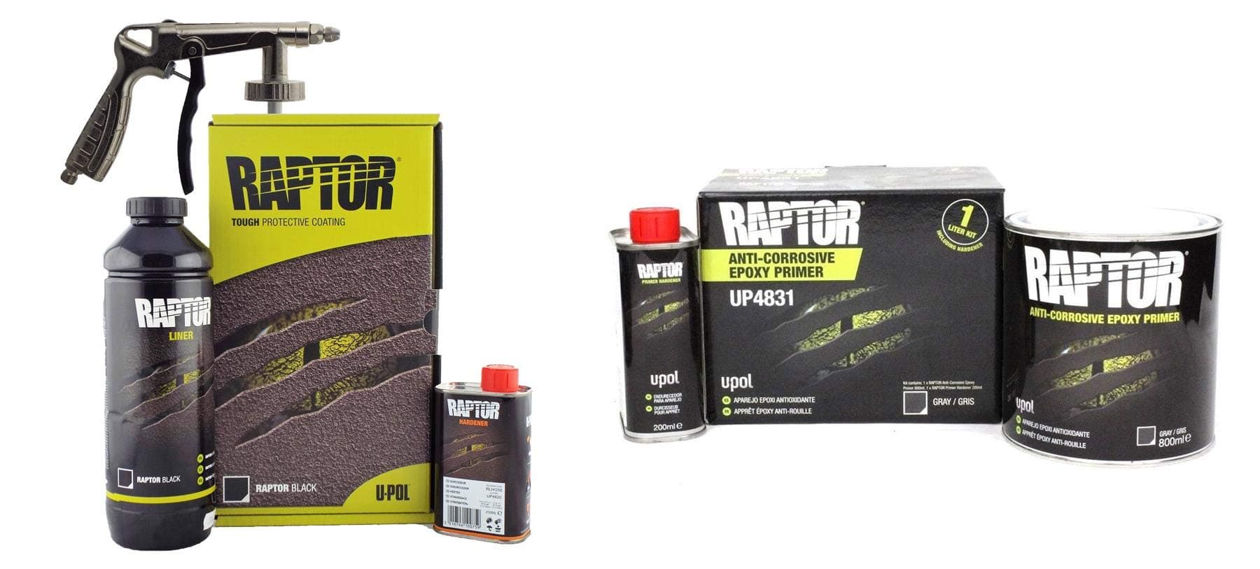 UPOL Raptor Black Truck Bed Liner Kit 1L + 1L Epoxy Primer Kit + Underbody Gun U-POL