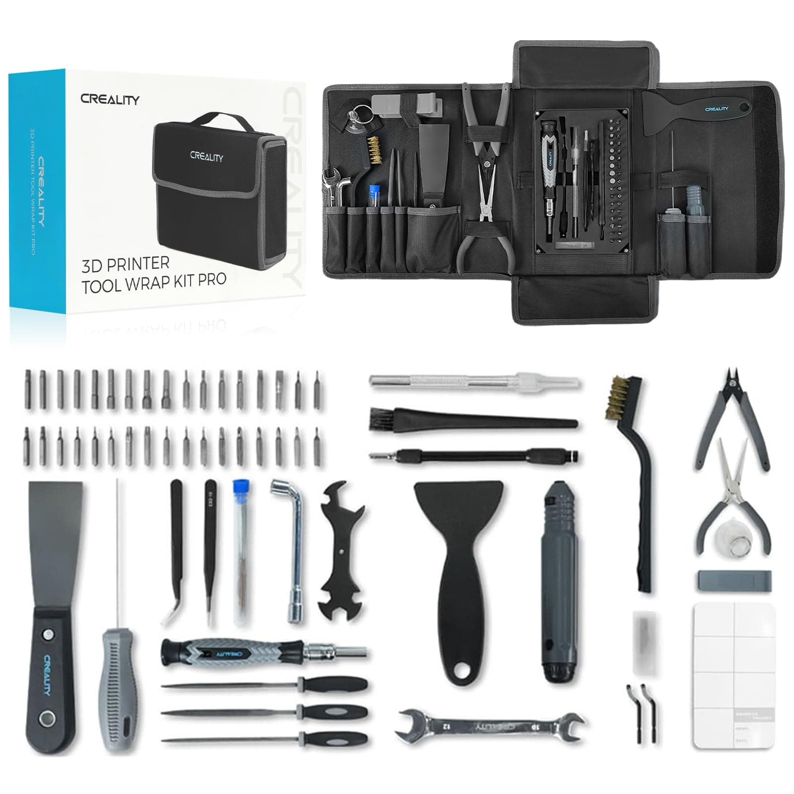 Creality 3D Printer Tool Kit, 74 Pcs in 1 3D Printing Tool Kit Includes Deburring Tool, Nozzle Cleaning Kit, Screwdriver Kit, Removal/Assembly Tools, 3D Printer Tool Wrap Kit Pro for All Printers