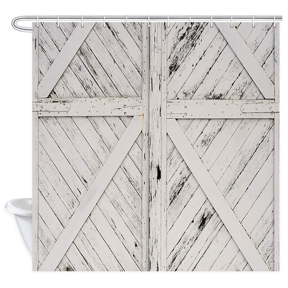 Old Wooden Doors Shower Curtain, Vintage Old Rustic White Painted Barn Wood Door Bath Curtains, Fabric Farmhouse Shower Curtain for Bathroom 12PCS Hooks 69X70 in Western Country Valance