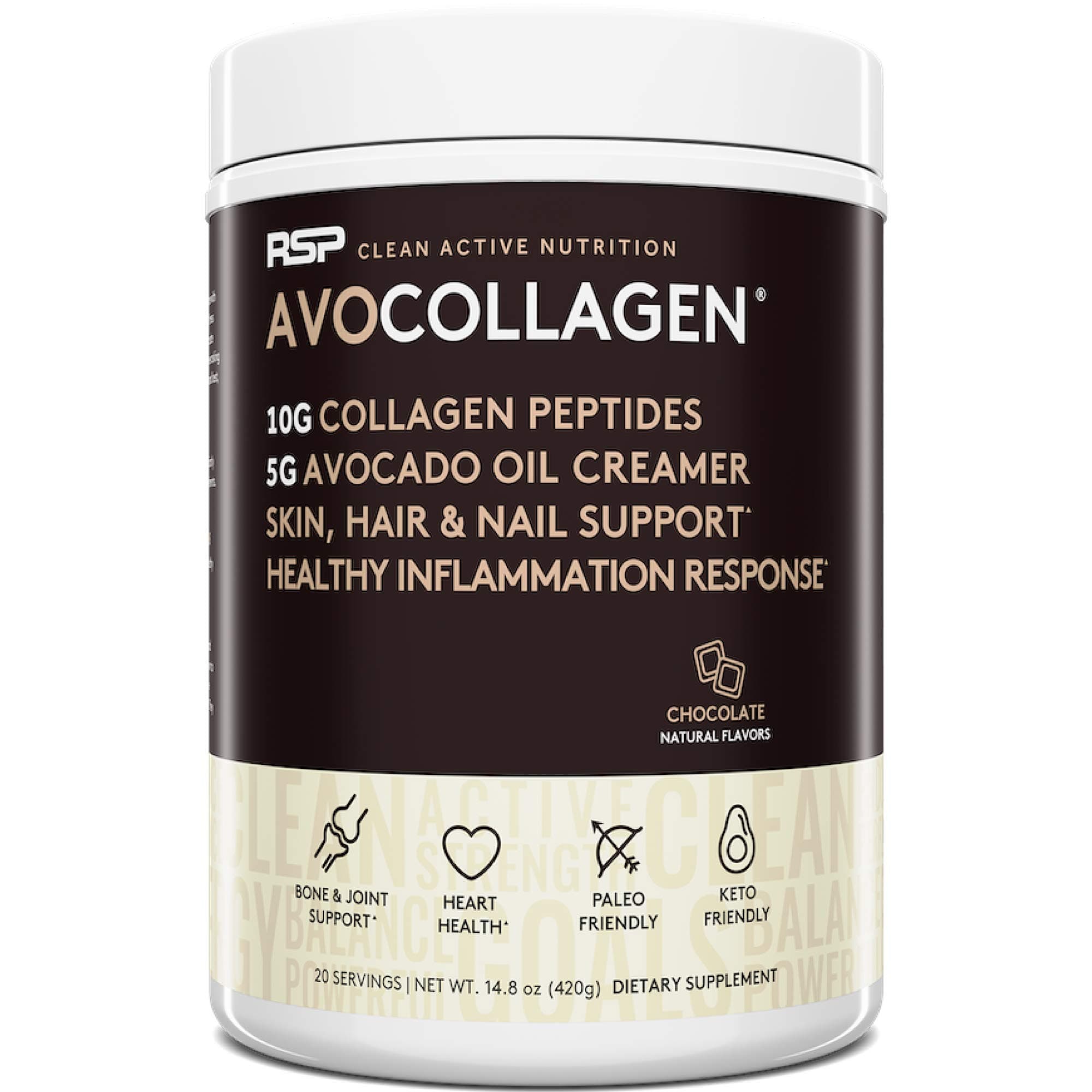 RSP NUTRITION AvoCollagen - Collagen Peptides Protein Powder + Avocado Oil, Grass Fed, Pasture Raised Collagen Protein with Heart Healthy Fats, Keto Friendly, Gluten Free, 20 Servings (Chocolate)