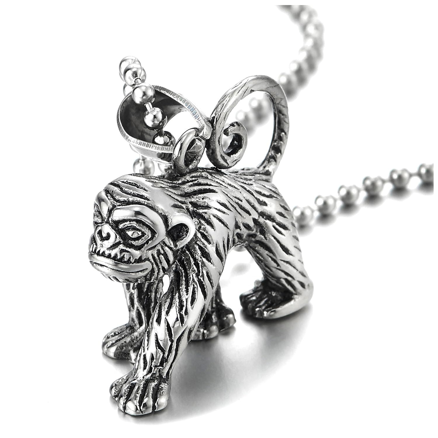 Men Stainless Steel Vintage Monkey Ape Pendant Necklace, 23.6 in Ball Chain, Biker Punk Rock