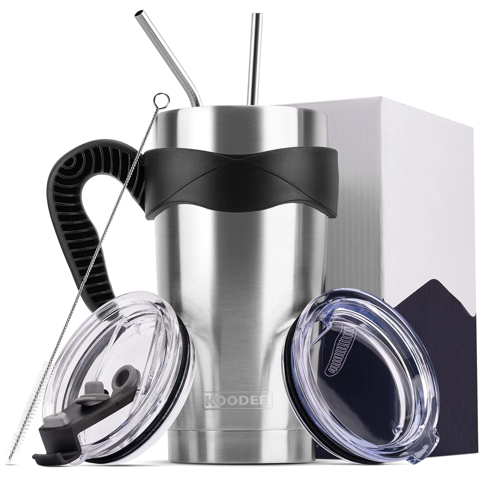 koodee Tumbler with Handle-20 oz Stainless Steel Double Wall Vacuum Insulated Tumbler Cup Travel Coffee Mug with Lid and Straw (20 oz Stainless steel)