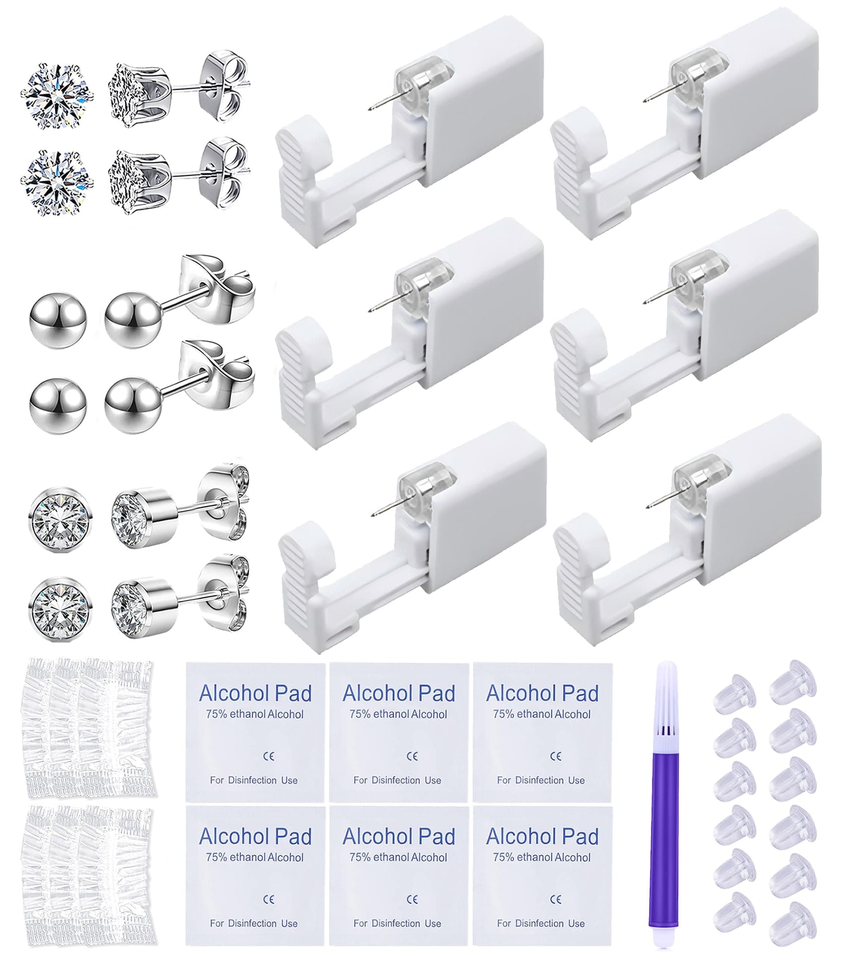 Ear Piercing Kit Disposable Ear Cartilage Piercing Gun Kit with Sterile 4mm CZ Ball Studs Easy and Safe Earring Self for Yourself Use at Home(Silver Mixed Patterns 4mm)