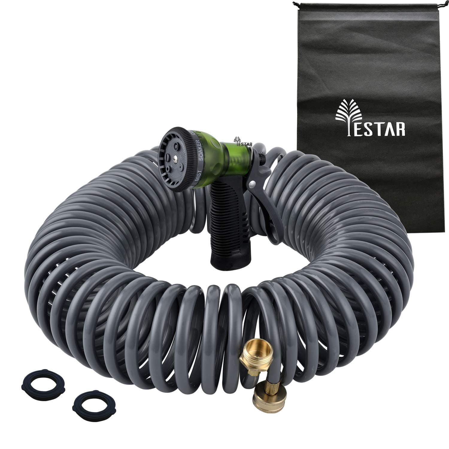 Expandable Portable 50Ft Garden Coil Hose, 3/4" Solid Brass Fittings, Leak Proof Connector, Flexible Water Hose with 7-Pattern Spray Nozzle, Easy to Storage, Kink Free Compact and Durable