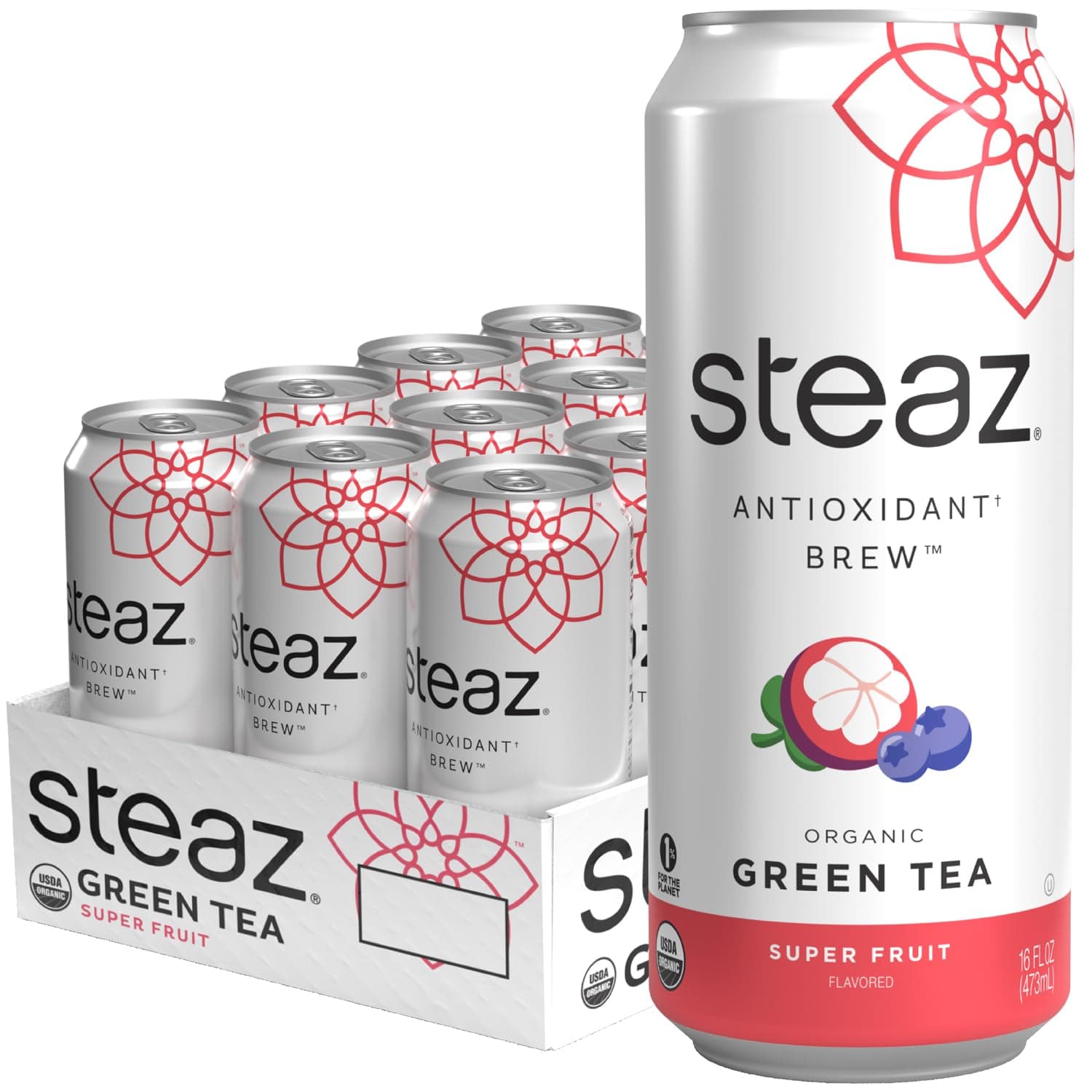 Steaz - Organic Green Tea - Superfruit (12 Pack) - Antioxidant Brew - 65mg Natural Caffeine, 90 Calories, Vitamin C - Cane Sugar Sweetened Iced Tea - Vegan, Fair Trade - 12 Cans, 16 fl oz (473mL)