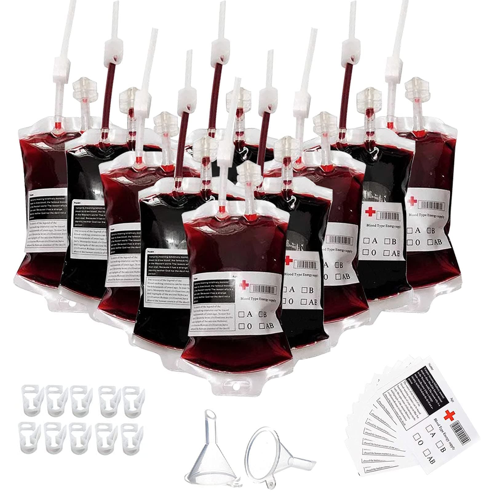 Blood Bags for Drinks,Set of 10 Blood Bags for Drink, with 2 Funnels 10 Labels and 10 Clips,Reusable Halloween Drink Pouches, Vampire Nurse Hospital Theme Party Props,Zombie Christmas Theme Parties