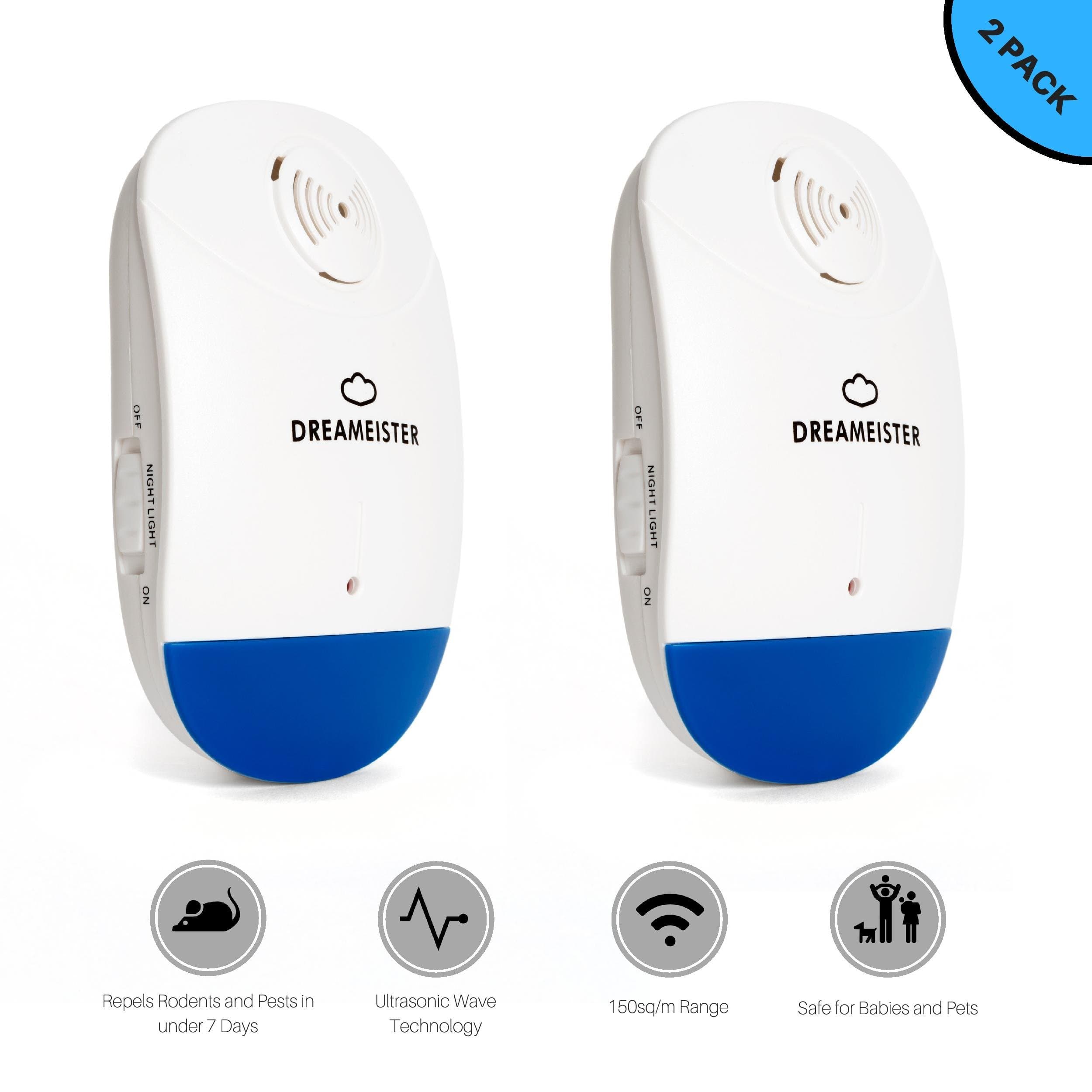 Ultrasonic Pest Repeller for 24/7 Rodent and Insect Control - *Upgraded 2018 Premium Model Now Works FASTER Then Before!* - 2 Pack Electronic 4-in-1 Plug-in Repellent with Nightlight And Enhanced Ultrasonic Technology Repels Mice, Rats, Cockroaches, Ants, Spiders, Mosquitoes and All Indoor Bugs - Safe for Children and Household Pets. Effective Mouse and Pest Deterrent. DREAMEISTER - The Premium Sonic Solution To Your Pest Problems