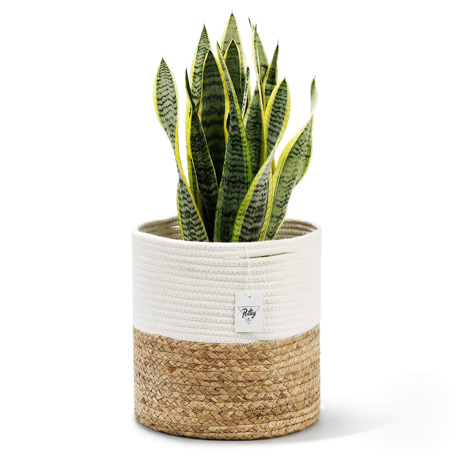 POTEY 700101 Cotton Rope Woven Plant Basket with Water Hyacinth - Modern Indoor Planter Basket for Plants Up to 10 Inch Pot Woven Storage Organizer with Handles Home Decor, 11" x 11"
