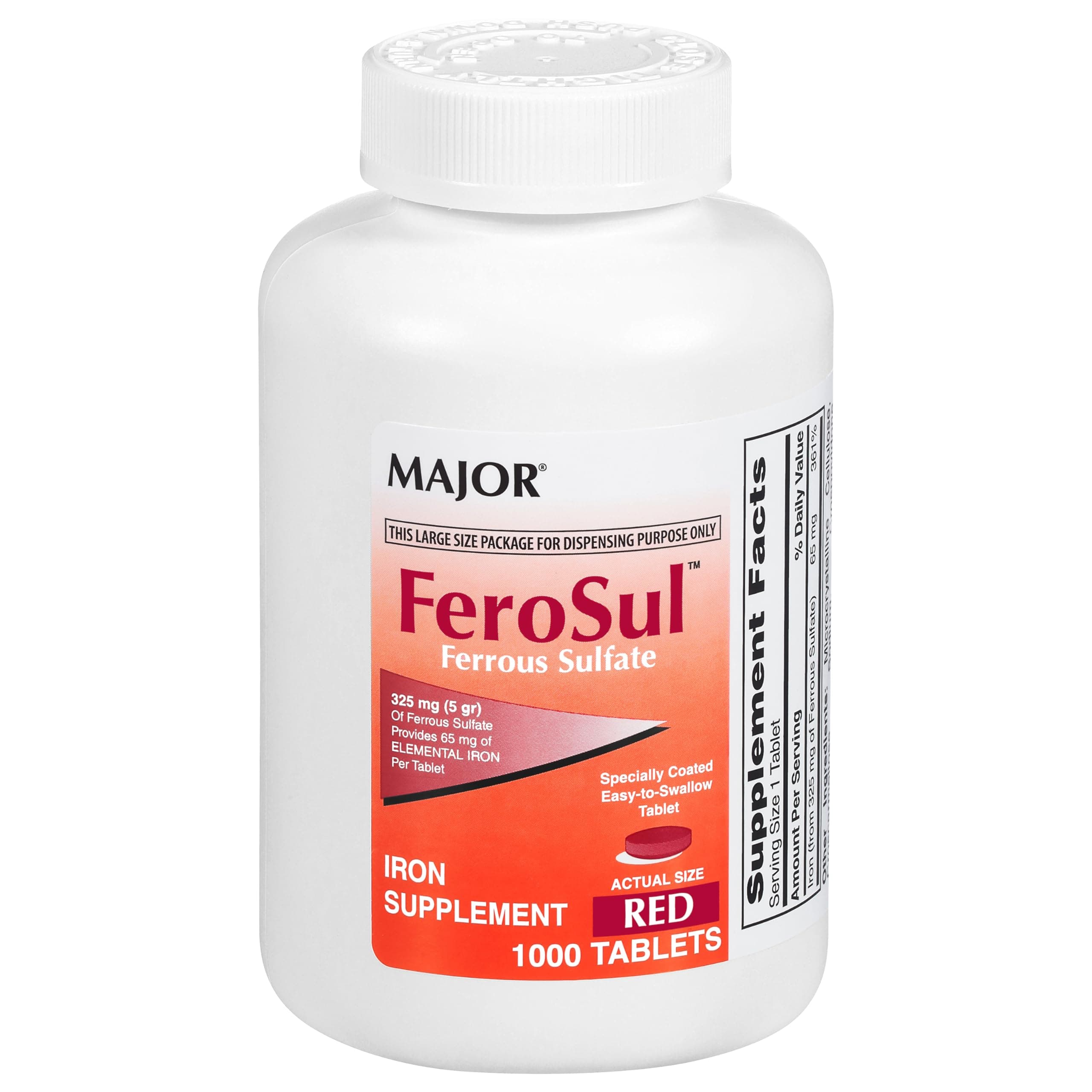 Major FeroSul - Ferrous Sulfate 325 mg Tablets - Iron Supplement for Women and Men - Specially Coated Easy-to-Swallow Tablets - Red - 1000 Count