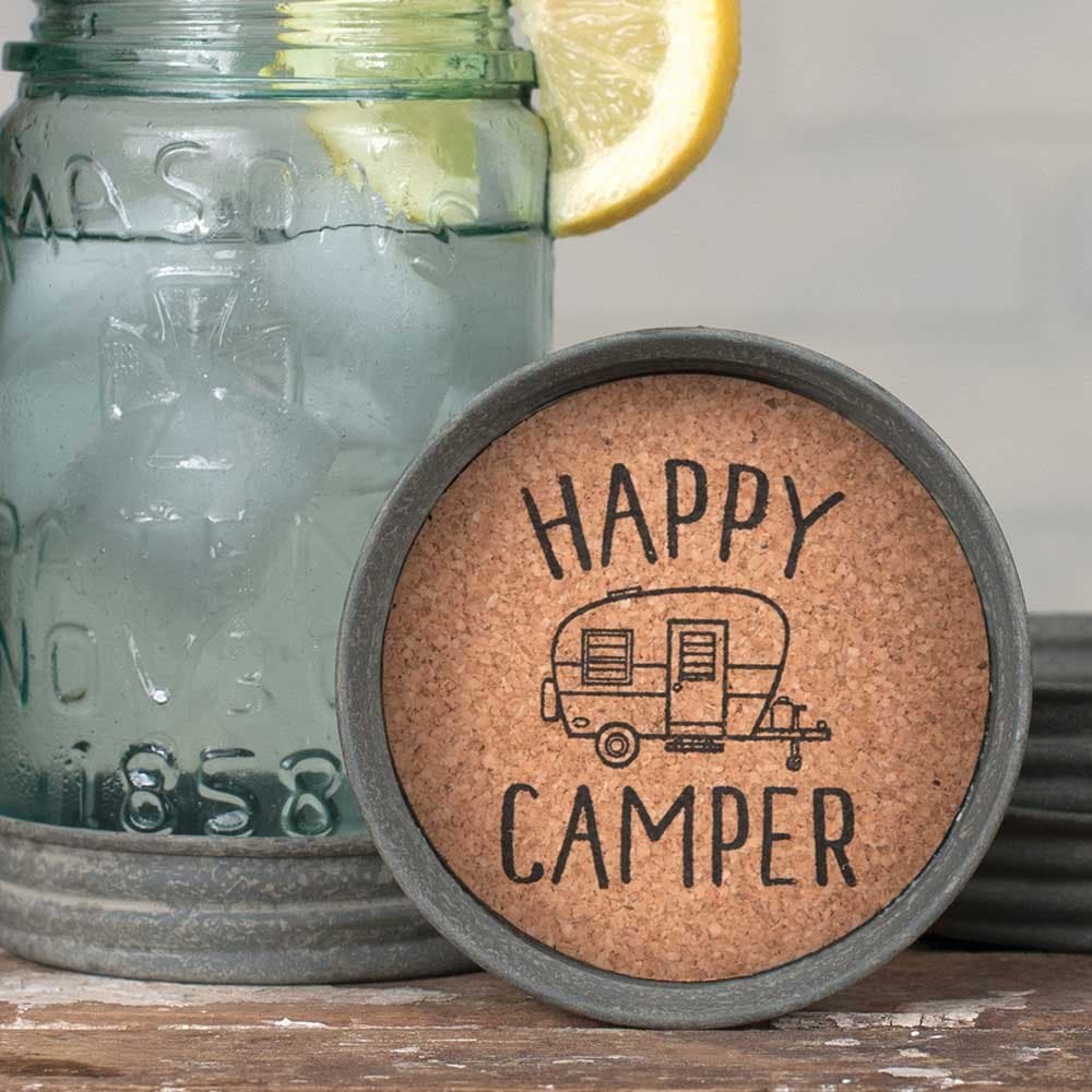 Happy Camper Mason Jar Lid Coaster Home Décor, 3.25" diameter x 1" tall, Grey, Tan, Black