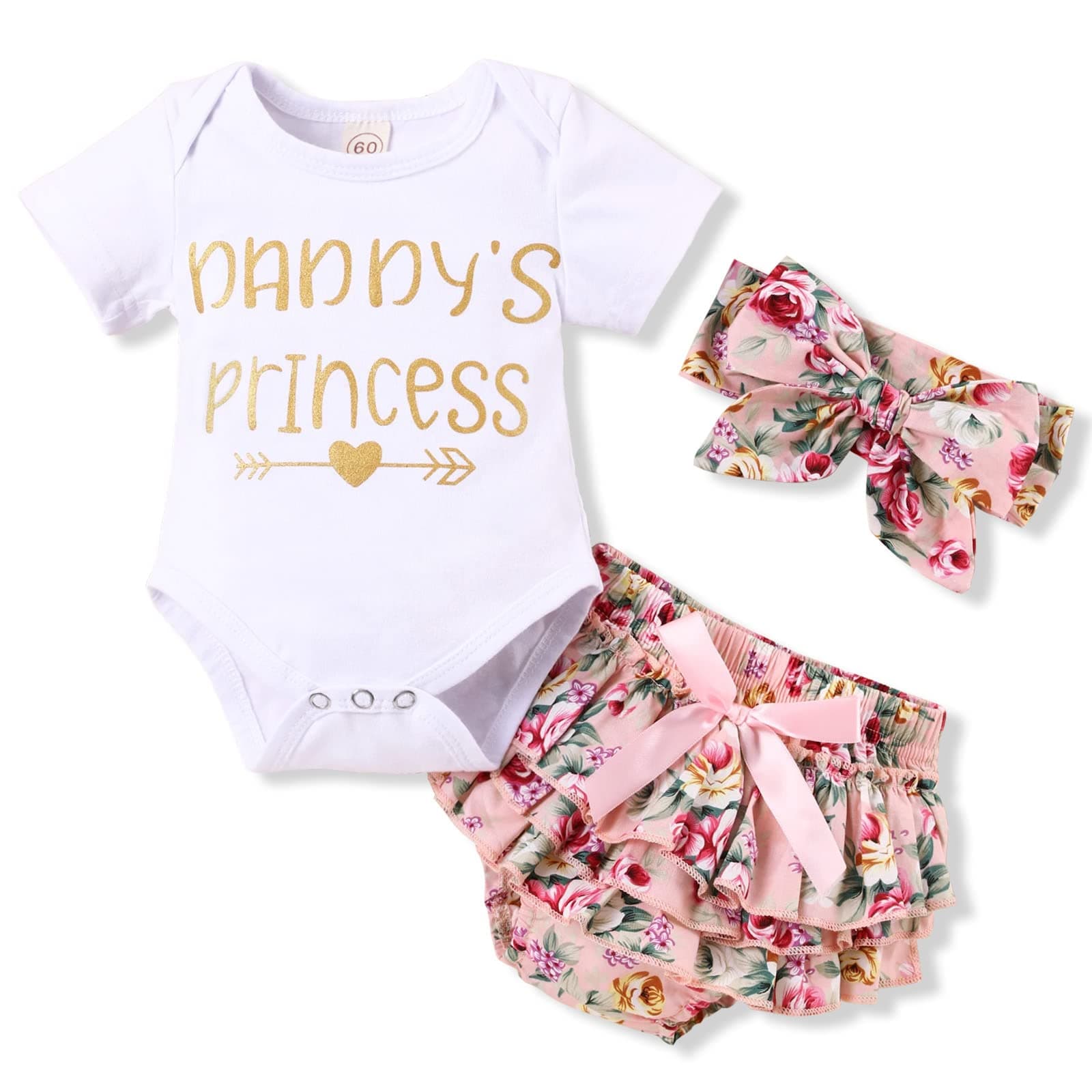 Newborn Baby Girl Summer Clothes Outfits Daddys Little Girl Short Sleeve Romper Infant Floral Shorts Set 3Pcs…