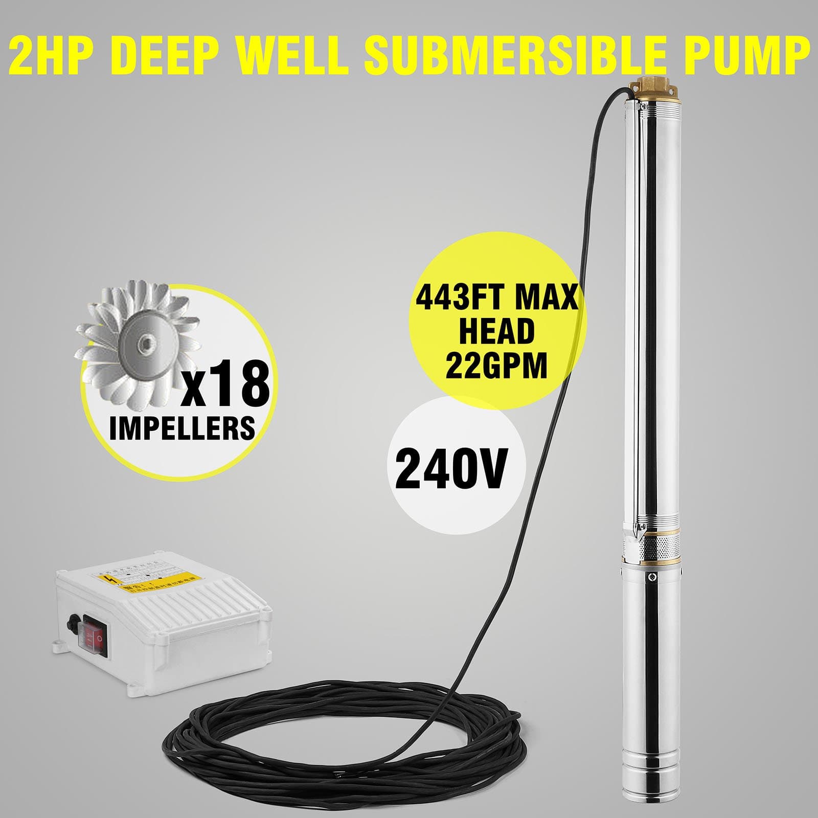 Deep Well Pump Well Water Pump Deep Well Pump 220V 2HP 443ft 22GPM with 131ft Cord and Control Box (2HP 220V)