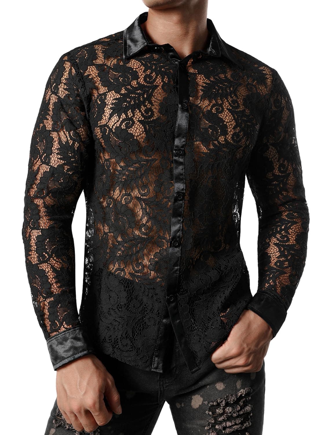 JOGAL Men's See Through Flower Lace Sheer Blouse Long Sleeve Button Down Shirts