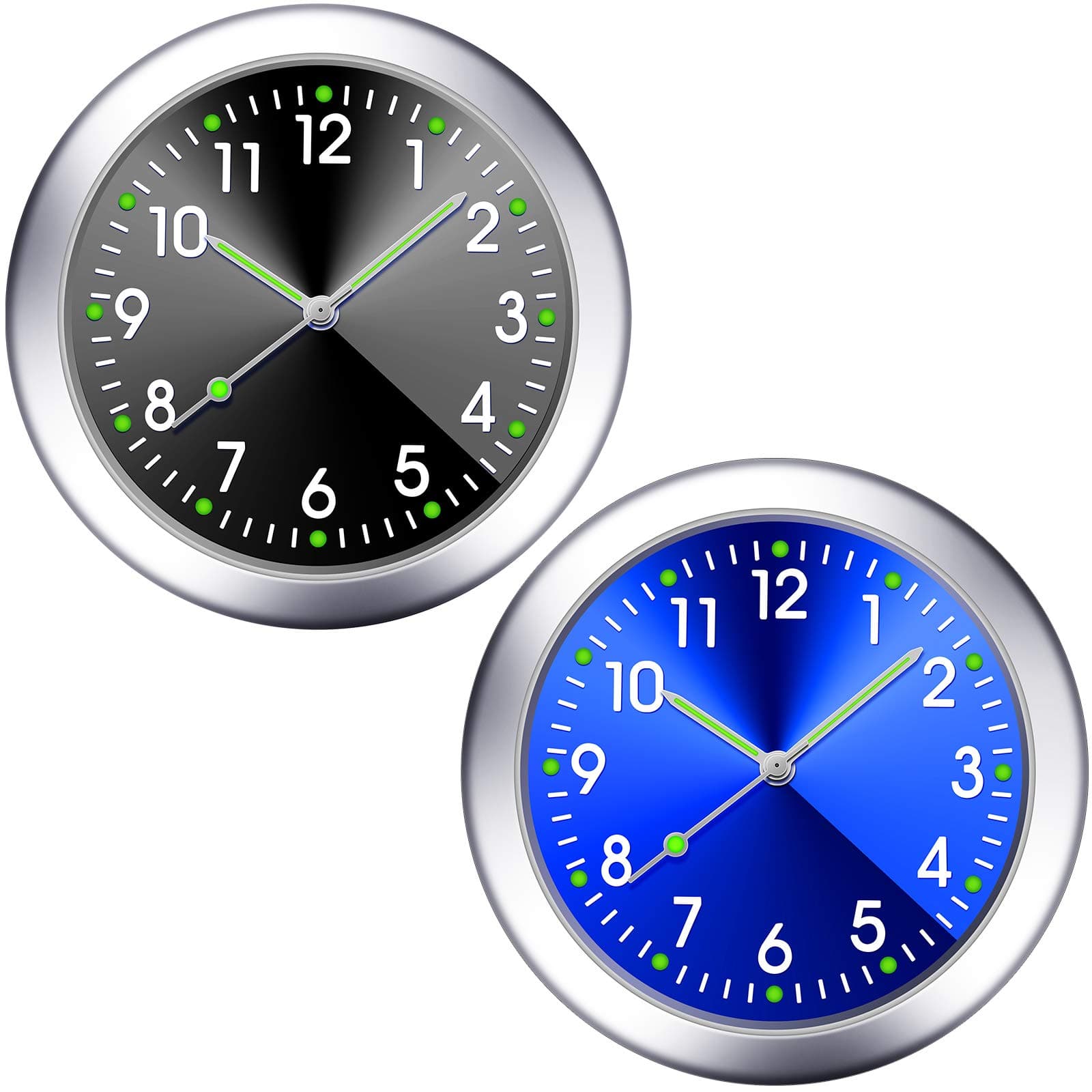 2 Pieces Stick on Dashboard Car Clock Mini Tiny Small Luminous Disposable Car Vent Clocks Watch for Dashboard Boat Bike Home(Black, Blue)