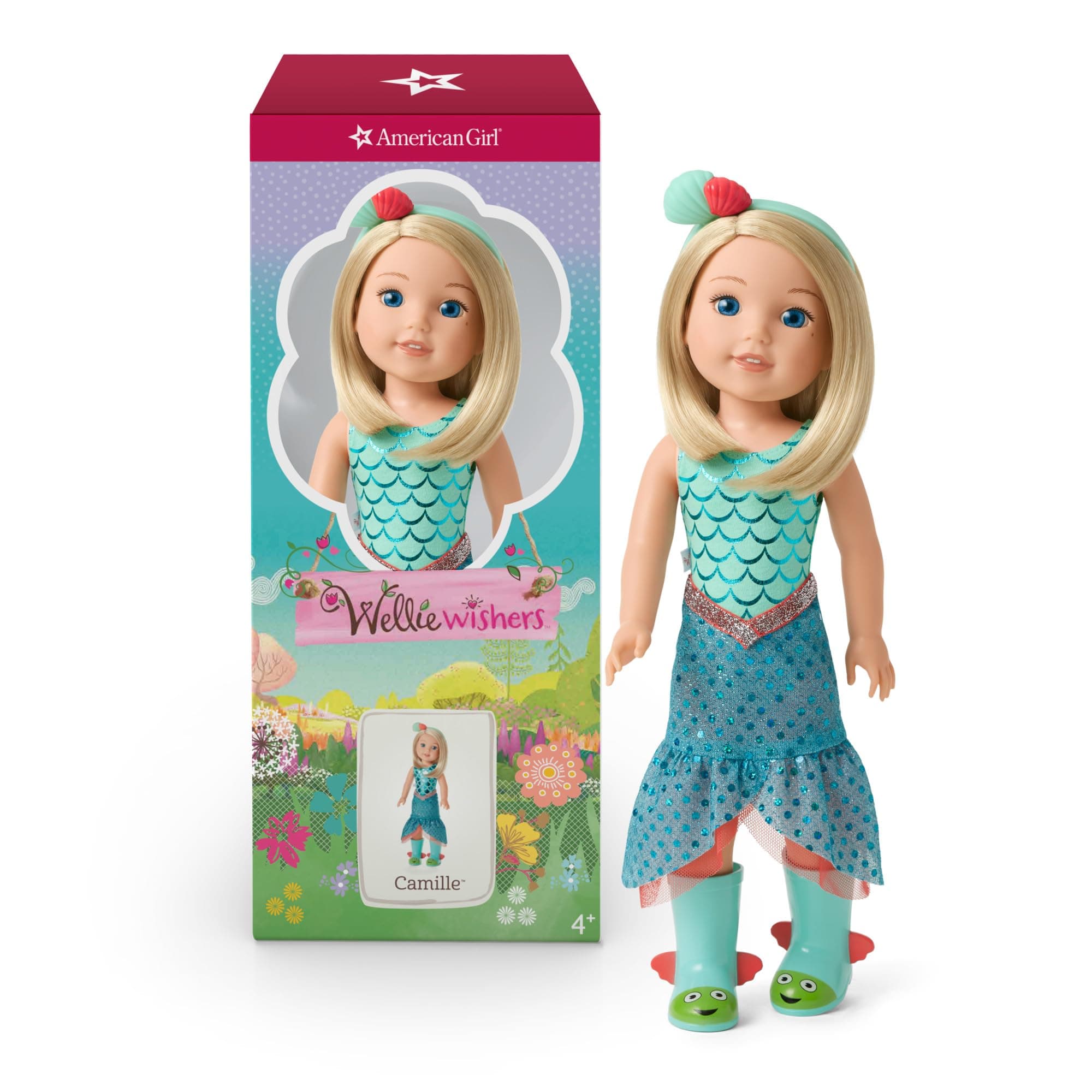 American Girl WellieWishers 14.5-inch Camille Doll with Blue Leotard, Mermaid Skirt, Headband, and Boots, For Ages 4+
