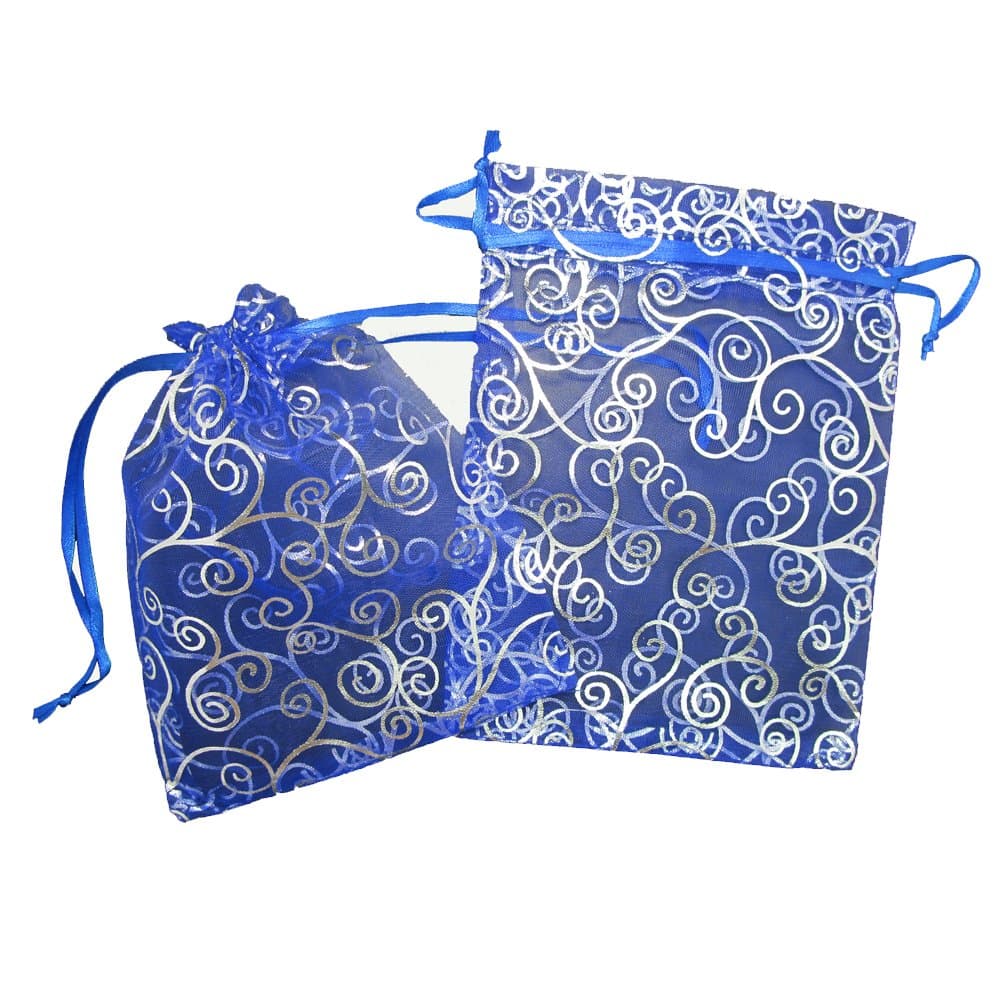 50 Organza Gift Bags Blue Color Organza Drawstring Gift Bag Pouch Wrap White Eyelash Organza Drawstring Pouches Jewelry Party Wedding(Blue with Silver Details) 7" X 5"