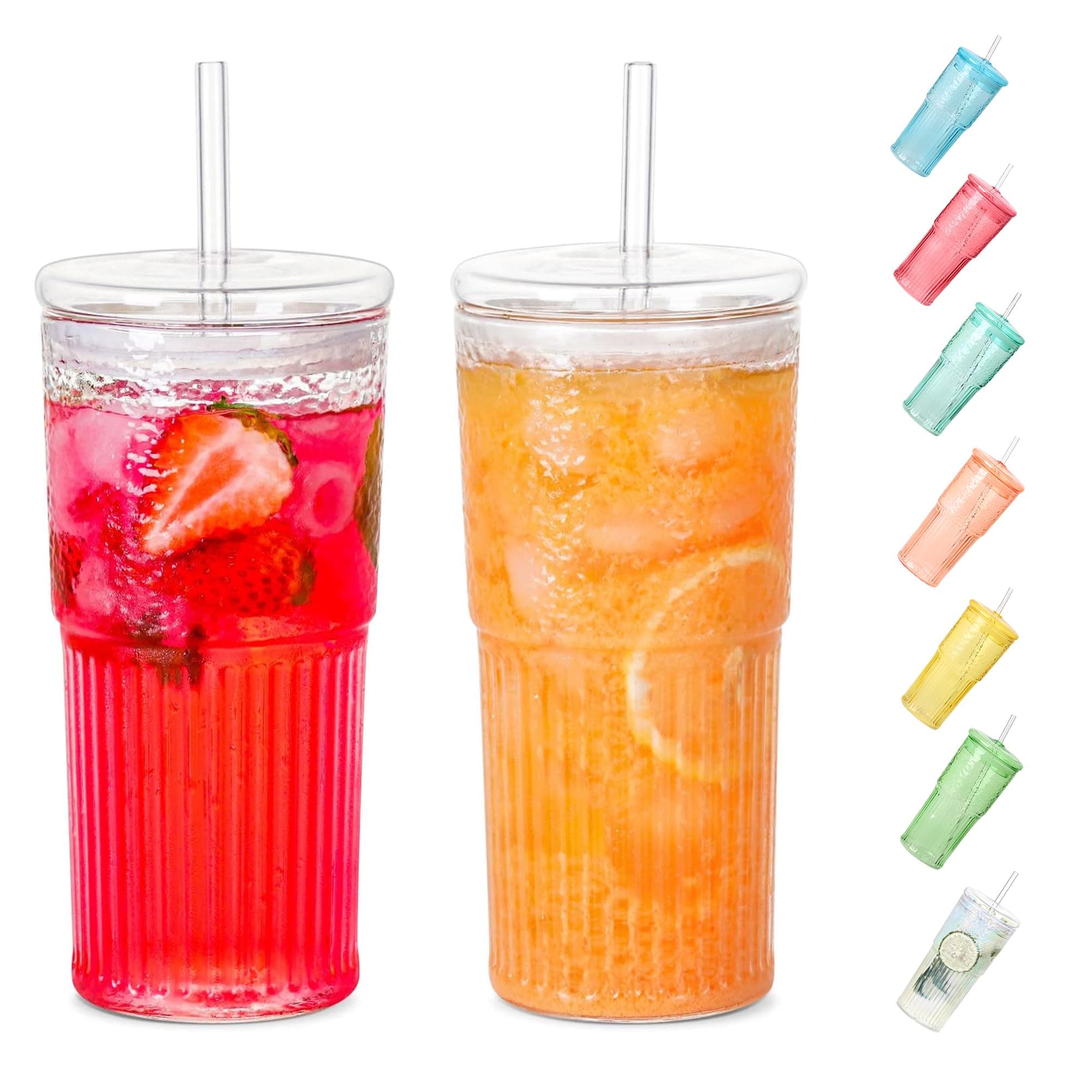- Glass Cups With Lids and Glass Straws,20 OZ High Borosilicate Glass Tumbler Iced Coffee Water Smoothie…