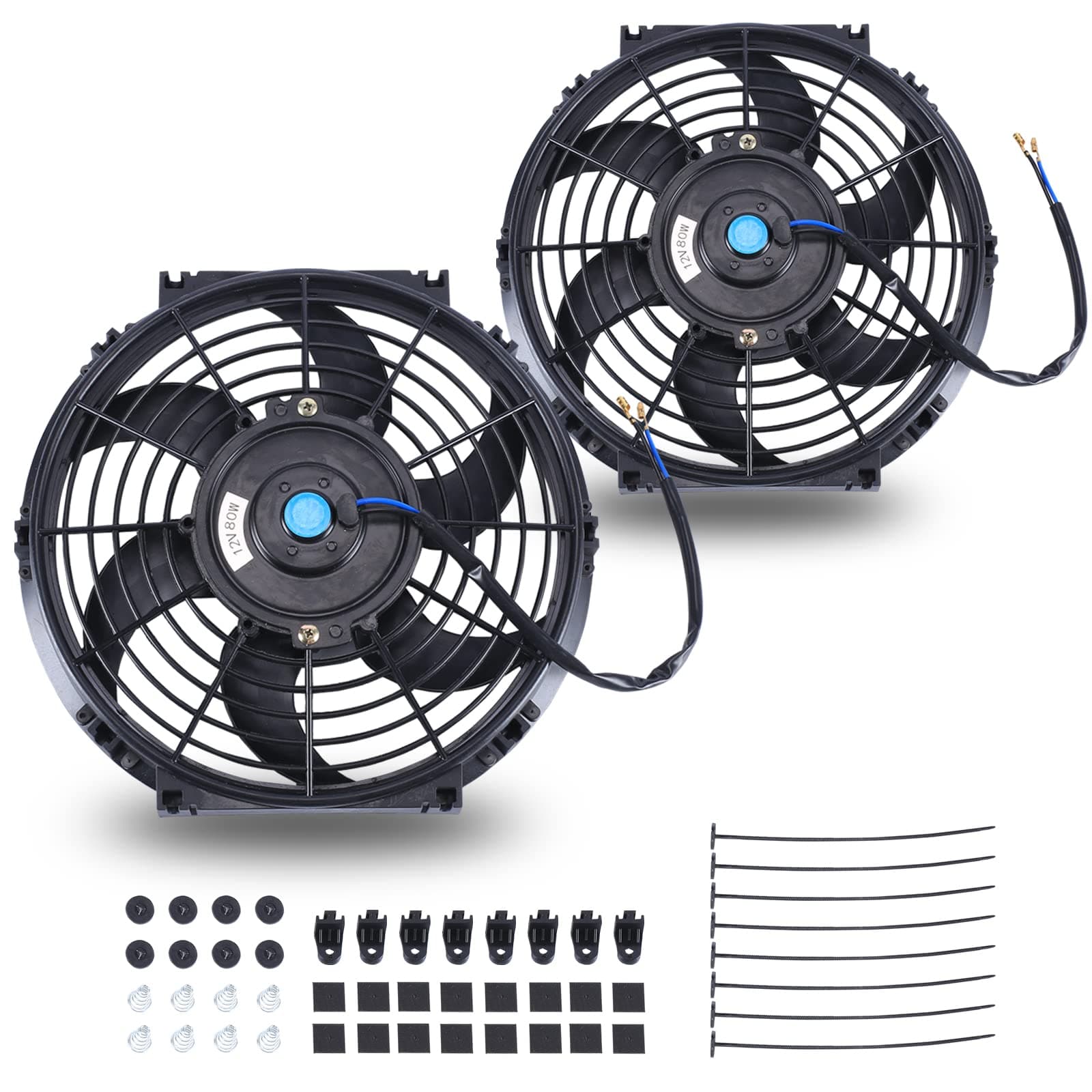 10 Inch Universal Slim Fan Push Pull Electric Radiator 12V 80W High Performance Cooling Fan Mount Kit Black 2 Pcs