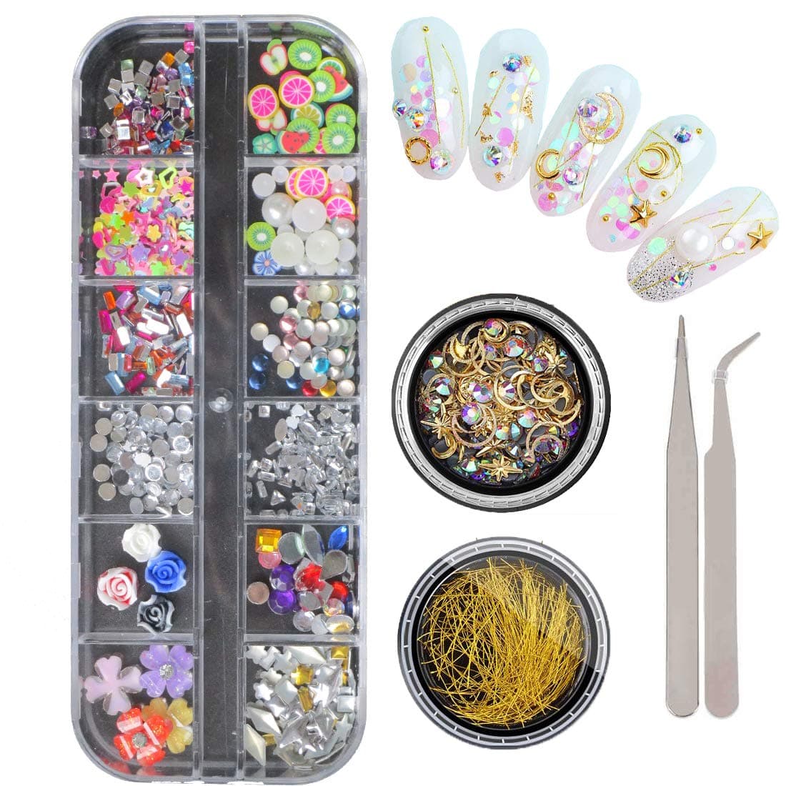 3D Nail Art Decoration Kits Nail Rhinestones Glitter Sequins Diamonds Metallic Rivets Studs Gold Geometric Patterns Fimo Fruit Slices Pearl DIY Accessories Nails Tips (Bi011A)