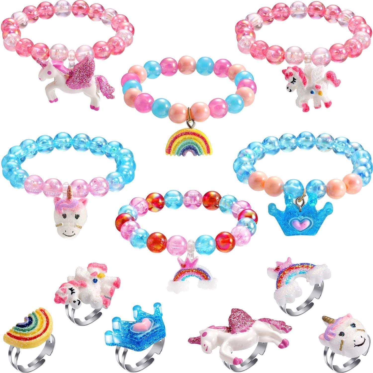 Leenwa 12 Pieces Unicorn Bracelet Ring Set Little Girls Jewelry Set Shiny Rainbow Unicorn Crown Beaded Bracelet with Colorful Adjustable Rings for Toddler Little Girl Play Party Favors